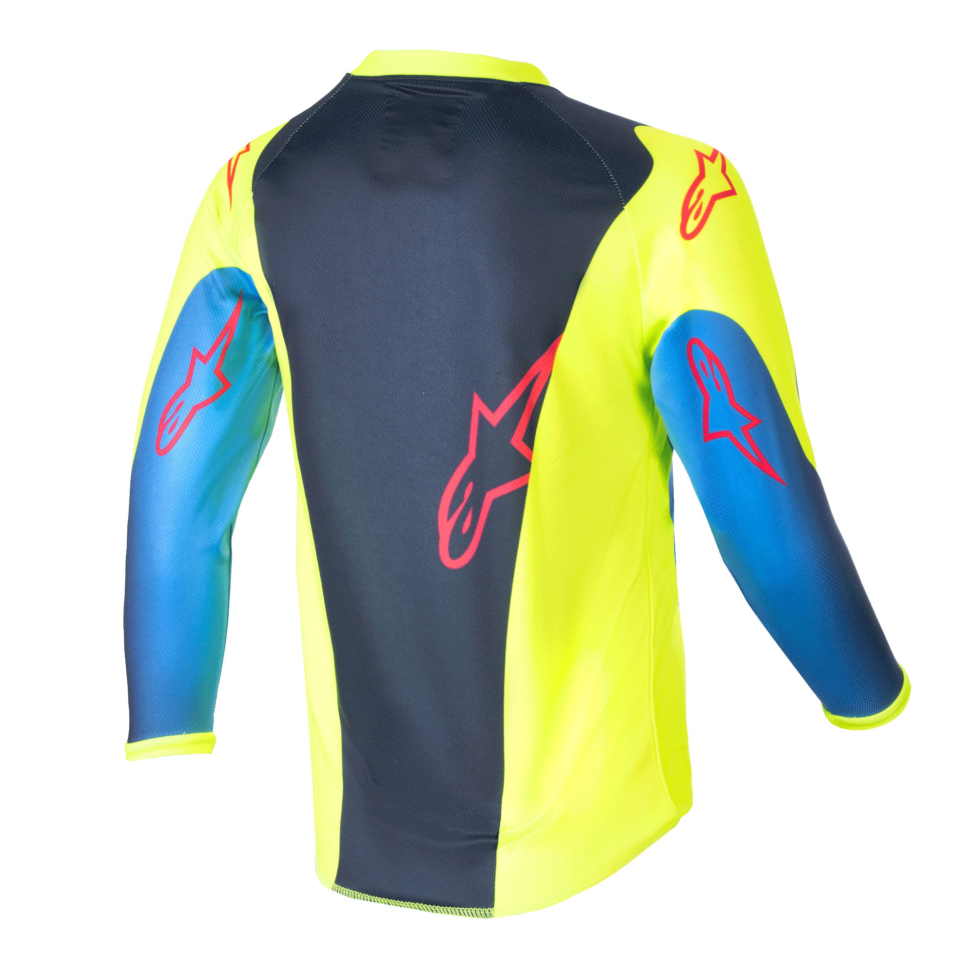 Alpinestars Kids 2024 Racer Graphic 1 Jersey, motorcross jersey, fluogeel en Blue Night Navy, achteraanzicht met rode sterlogo's, opvallend ontwerp met donkerblauw middenpaneel en gele zijkanten, lichtgewicht poly-stof voor off-road rijden