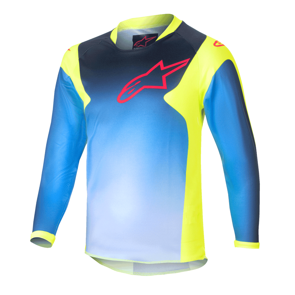Alpinestars Kids 2024 Racer Graphic 1 Jersey, jeugd motorcross shirt met lange mouwen, blauw en neongeel, blauw kleurverloop met een rood logo op de borst, neongele zijpanelen en kraag, lichtgewicht sportieve stof