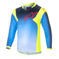 Alpinestars Kids 2024 Racer Graphic 1 Jersey, jeugd motorcross shirt met lange mouwen, blauw en neongeel, blauw kleurverloop met een rood logo op de borst, neongele zijpanelen en kraag, lichtgewicht sportieve stof