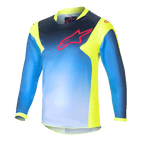 Alpinestars Kids 2024 Racer Graphic 1 Jersey, jeugd motorcross shirt met lange mouwen, blauw en neongeel, blauw kleurverloop met een rood logo op de borst, neongele zijpanelen en kraag, lichtgewicht sportieve stof