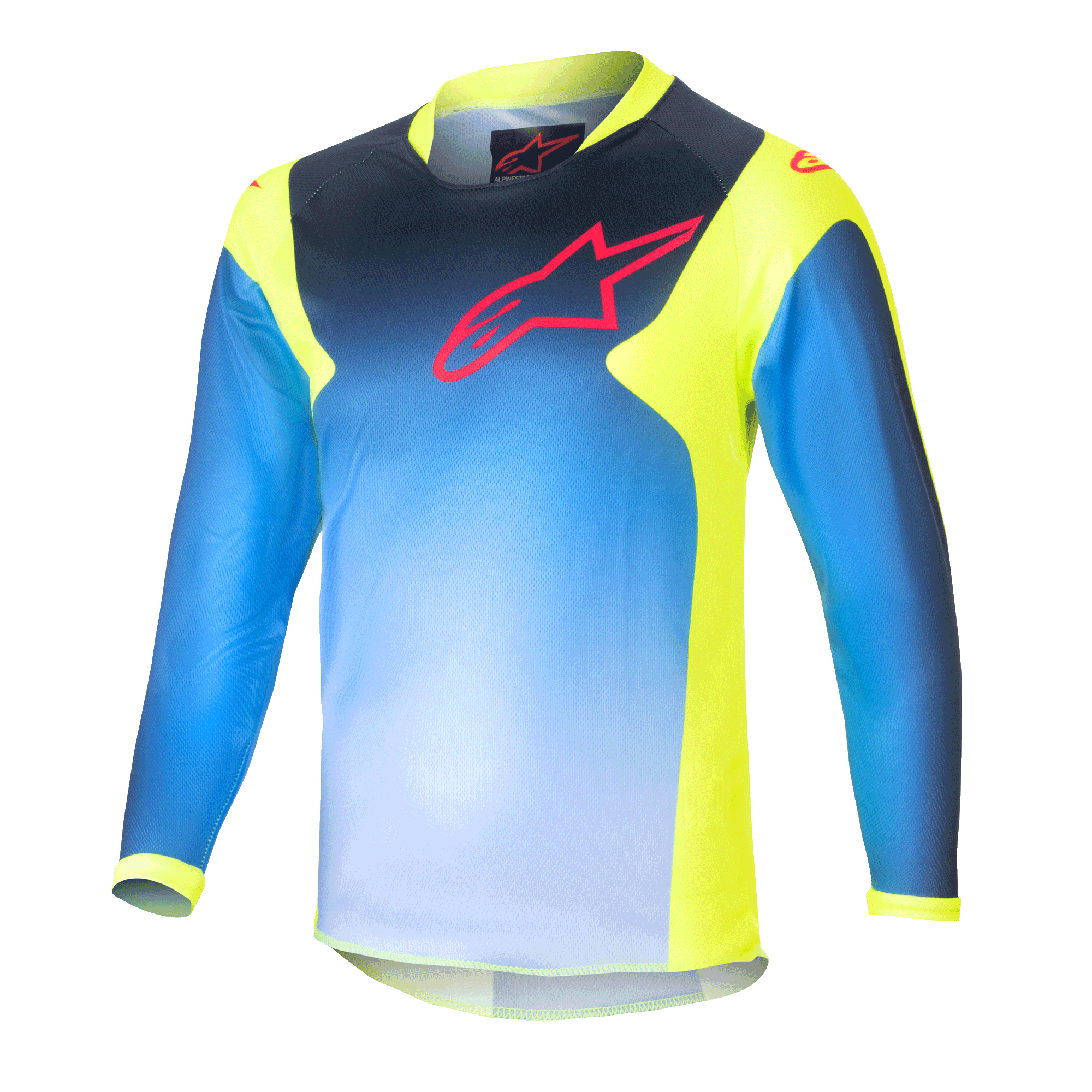 Alpinestars Kids 2024 Racer Graphic 1 Jersey, jeugd motorcross shirt met lange mouwen, blauw en neongeel, blauw kleurverloop met een rood logo op de borst, neongele zijpanelen en kraag, lichtgewicht sportieve stof