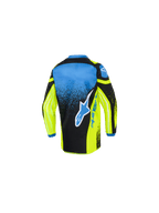 Alpinestars 2026 Kids Racer Nomur Jersey, Motocross Jersey, Yellow Blue and Black, back view showing a large blue and white star logo, gradient speckled pattern, and extended rear hem for off-road racing