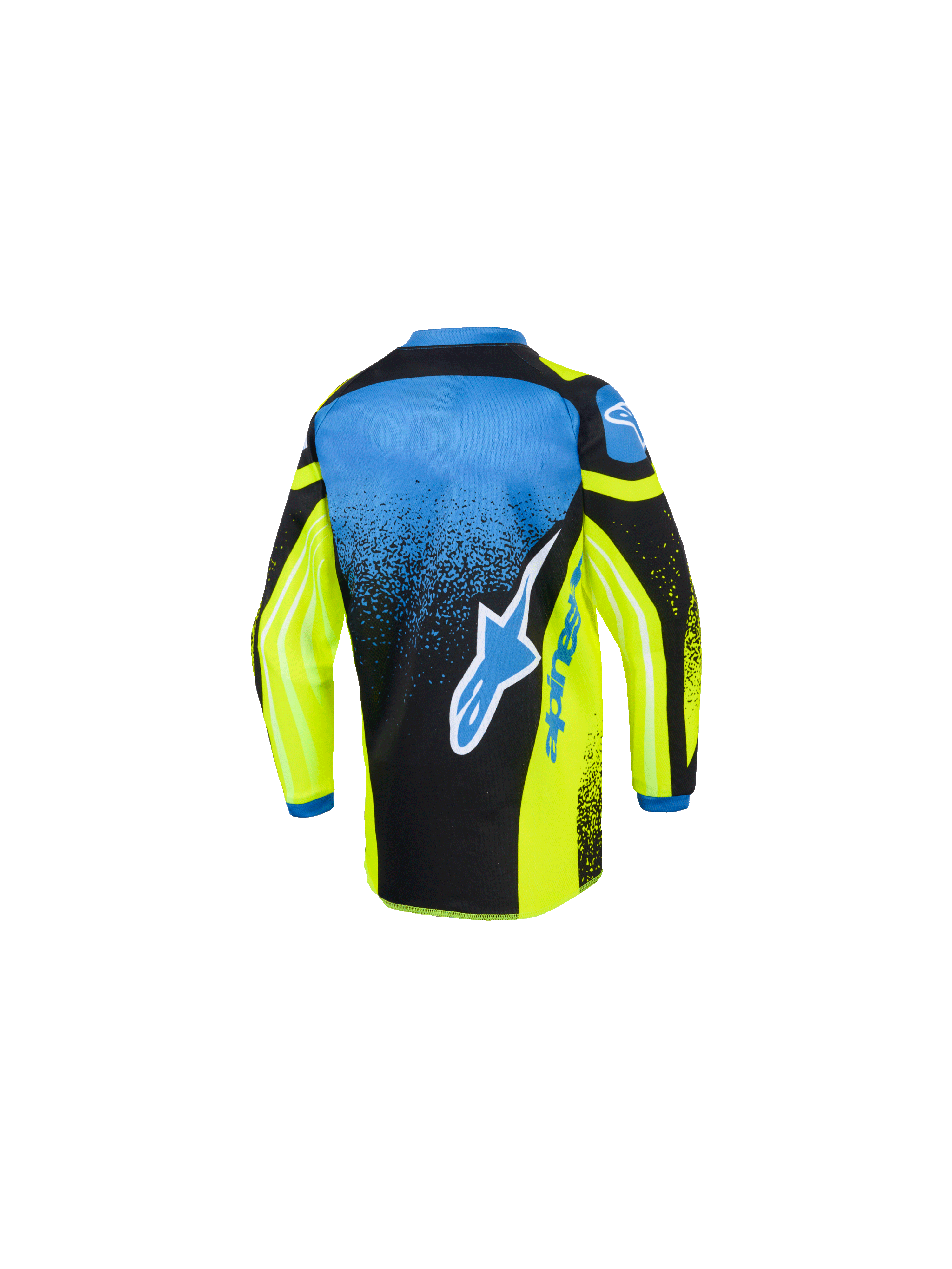 Alpinestars 2026 Kids Racer Nomur Jersey, Motocross Jersey, Yellow Blue and Black, back view showing a large blue and white star logo, gradient speckled pattern, and extended rear hem for off-road racing