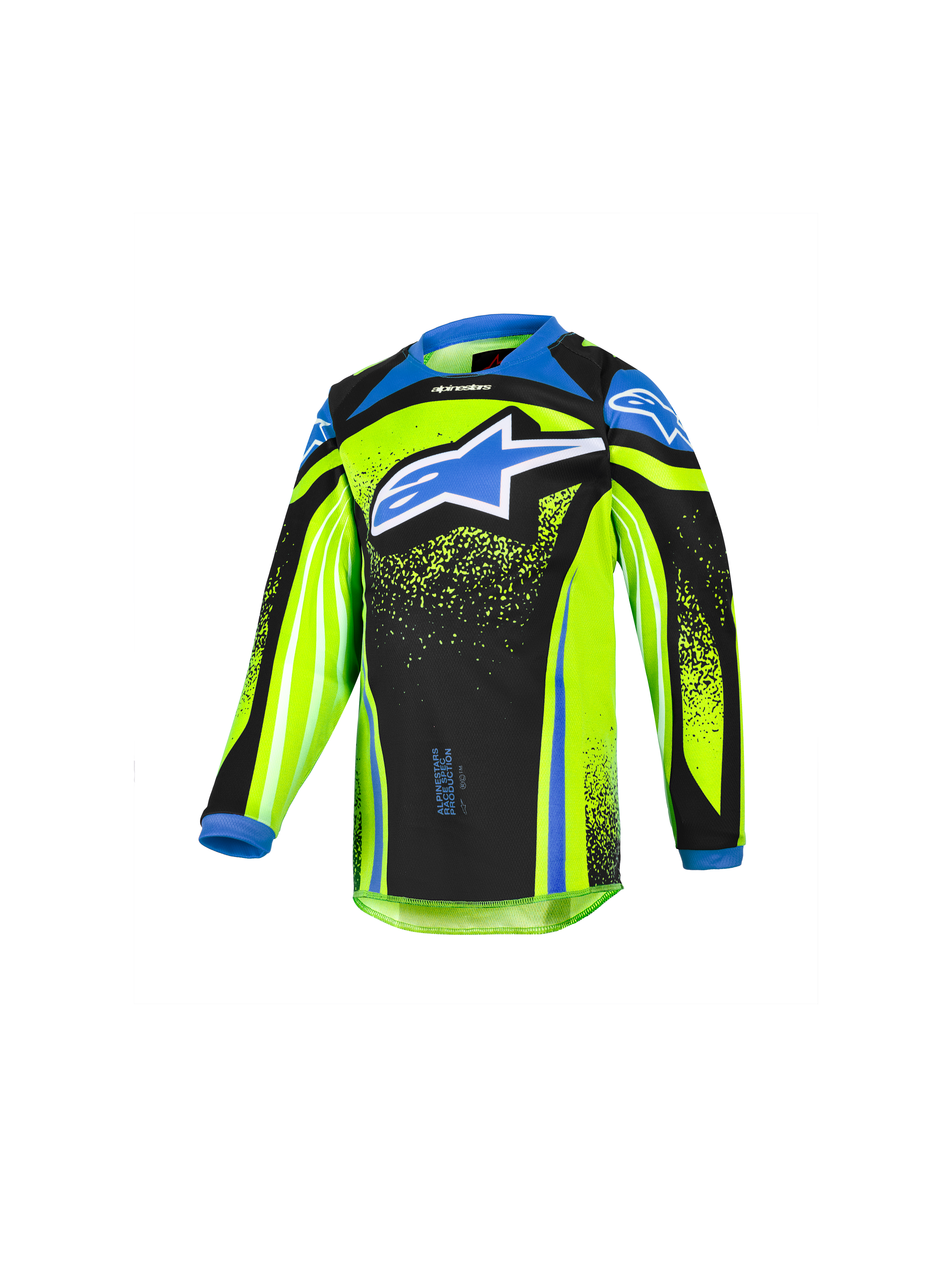 Alpinestars 2026 Kids Racer Nomur Jersey, Youth Motocross Long-Sleeve Jersey, Fluorescent Yellow and Black with Blue Accents, Large Blue Star Logo on Chest, Lightweight Moisture-Wicking Performance Fabric for Off-Road Riding