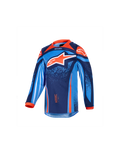 Alpinestars 2026 Kids Racer Nomur Jersey, Youth Motocross Long-Sleeve Jersey, Dark Navy, Orange, and UCLA Blue, featuring a large white and orange star logo, vibrant geometric and speckled graphics, orange collar and cuffs, performance fabric for youth motocross racing