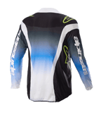 Alpinestars 2023 Kids Racer Push Jersey, motorcross jersey, Nightlife UCLA Blue White en Black, achteraanzicht met blauw-naar-wit kleurverloop in het midden, limegroene logo's en witte zijaccenten, off-road motorkleding met lange mouwen