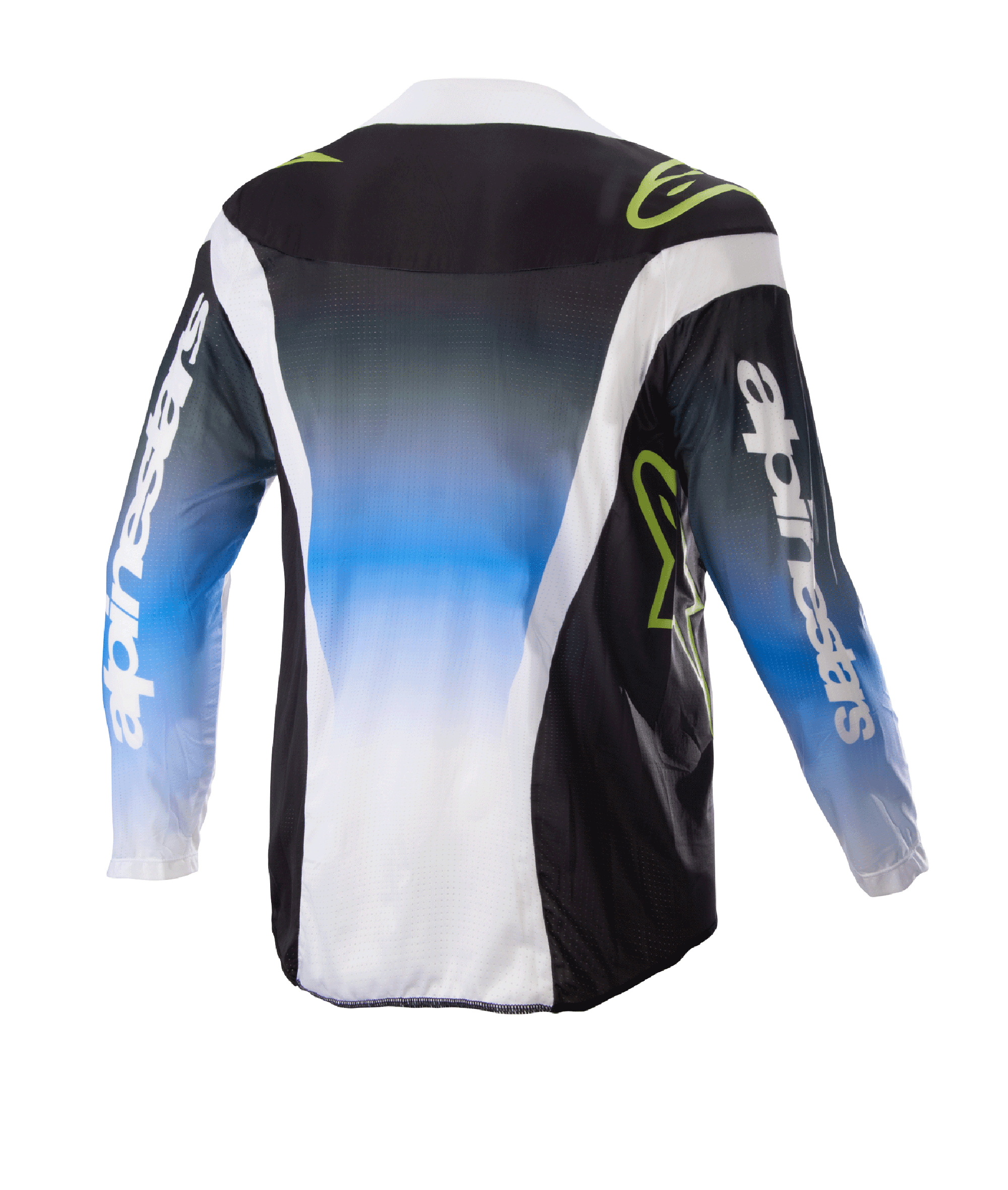 Alpinestars 2023 Kids Racer Push Jersey, motorcross jersey, Nightlife UCLA Blue White en Black, achteraanzicht met blauw-naar-wit kleurverloop in het midden, limegroene logo's en witte zijaccenten, off-road motorkleding met lange mouwen