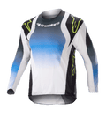 Alpinestars Kids 2023 Racer Push Jersey, jeugd motocross shirt met lange mouwen, blauw, wit en zwart met neongroene accenten, verloopontwerp met Alpinestars-logo op de borst, lichtgewicht ademende stof voor off-road prestaties