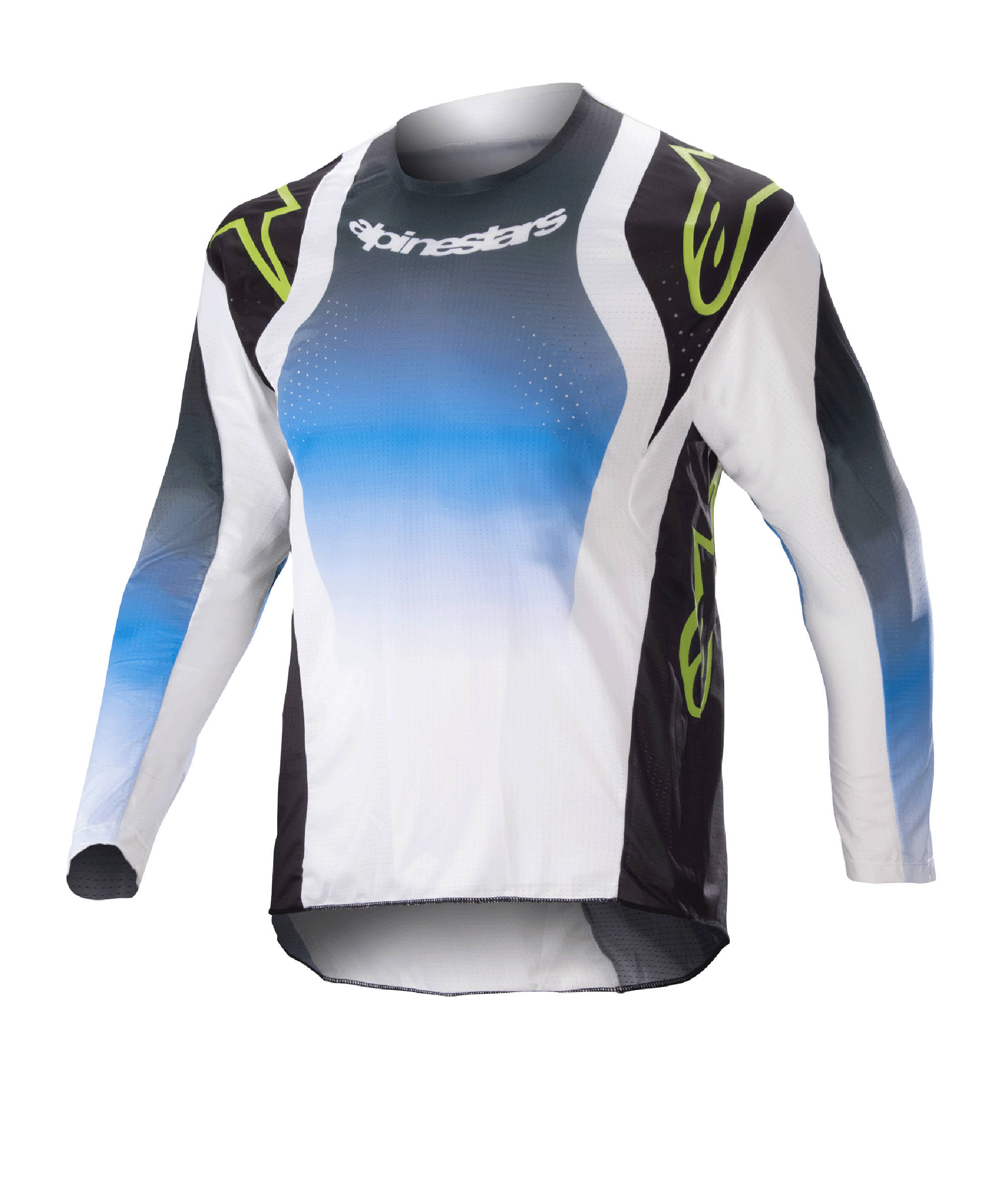 Alpinestars Kids 2023 Racer Push Jersey, jeugd motocross shirt met lange mouwen, blauw, wit en zwart met neongroene accenten, verloopontwerp met Alpinestars-logo op de borst, lichtgewicht ademende stof voor off-road prestaties