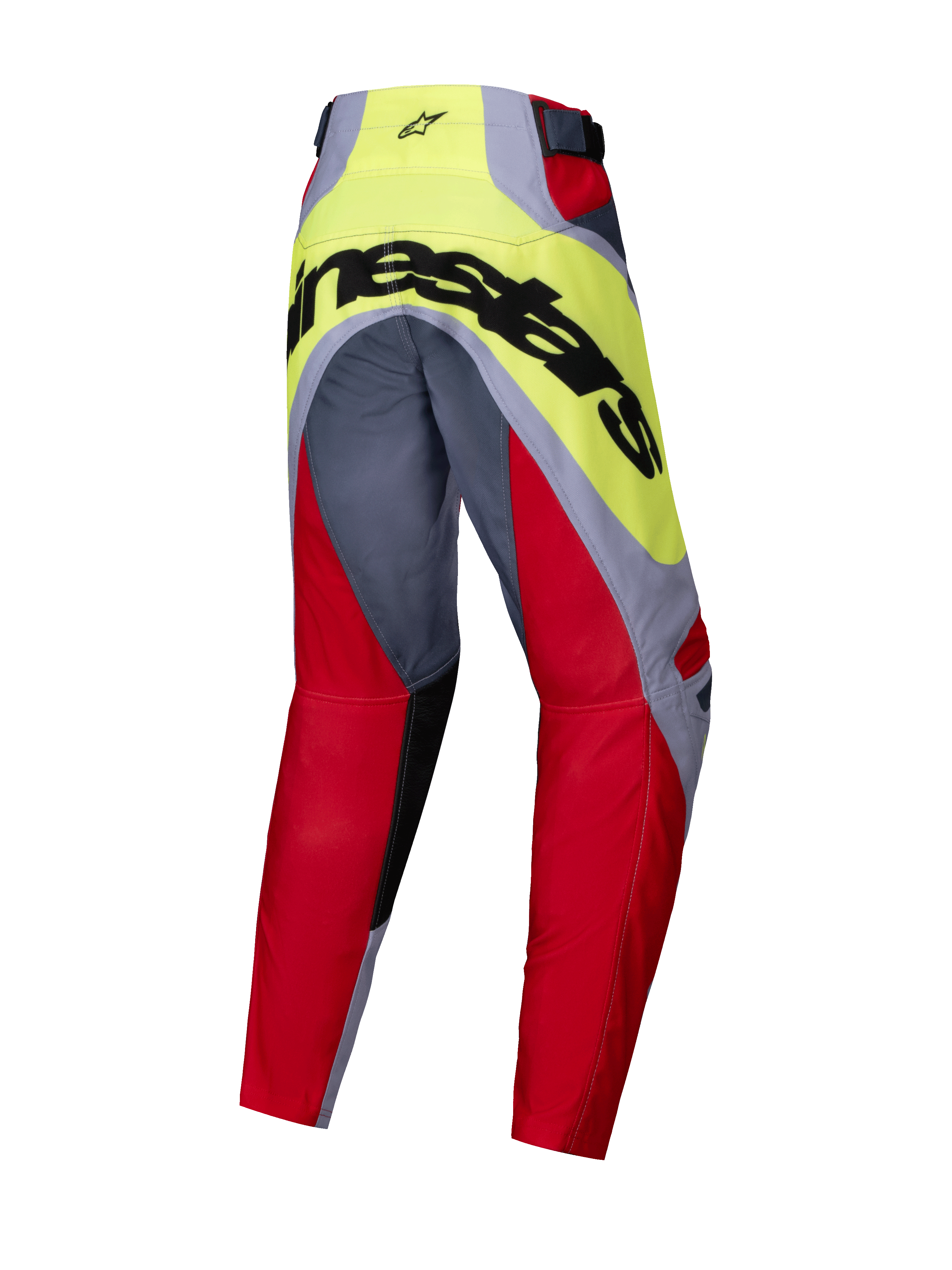 Alpinestars 2025 Youth Racer Melt broek, motorcrossbroek, felrood en grijs met neongeel tussenstuk, achteraanzicht met grote zwarte Alpinestars-branding op het zitvlak, ergonomische voorgevormde constructie voor jeugd motorcross racing.