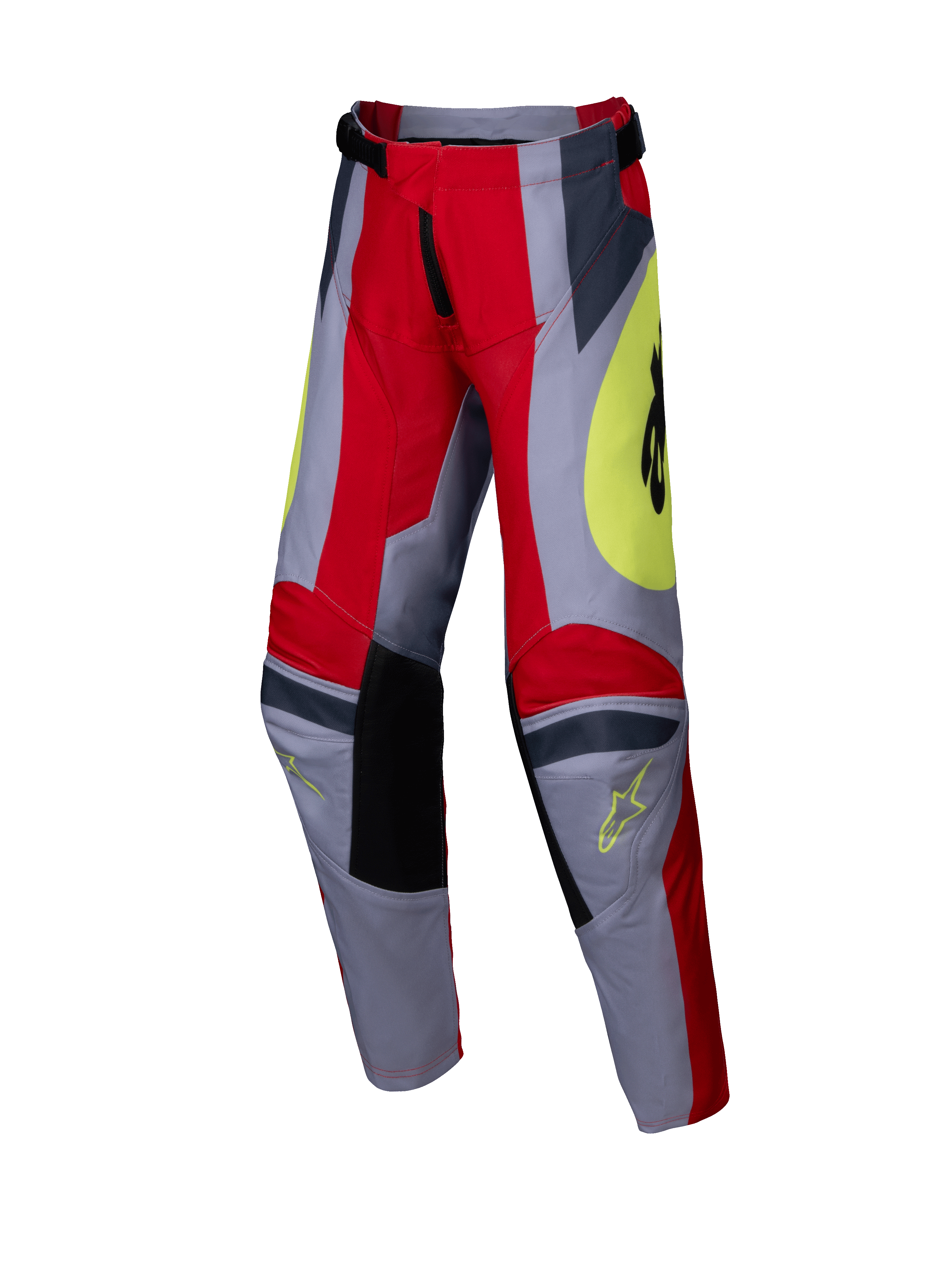 Alpinestars 2025 Youth Racer Melt broek, motorcrossbroek voor kinderen, felrood en grijs met gele accenten, voorzien van zwarte versterkte kniepanelen, opvallende hoekige graphics en Astars-logo's, duurzaam ontwerp voor off-road racen