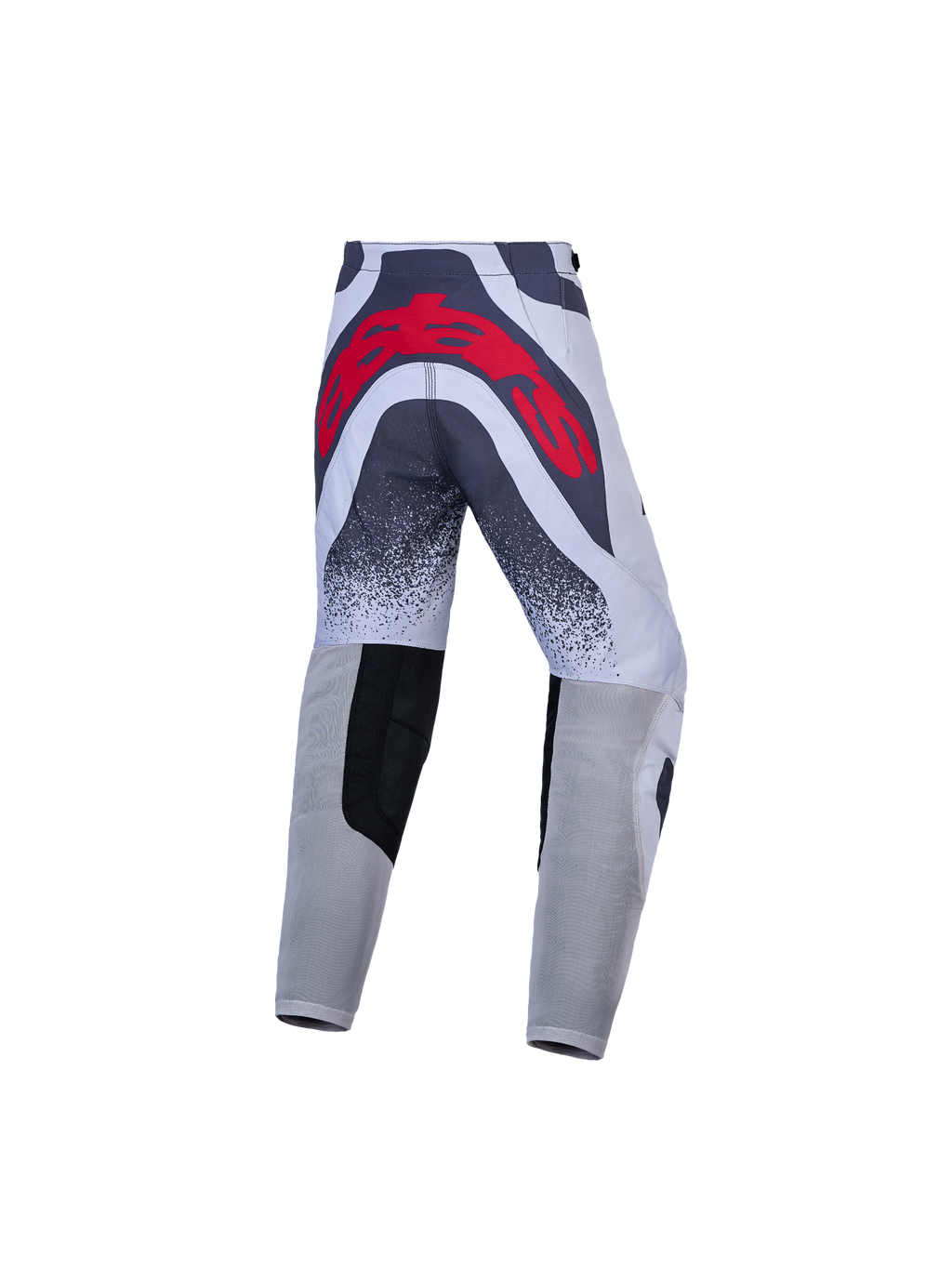 Alpinestars jeugd Supertech Swan motorcrossbroek, grijs en rood, atletische racepasvorm met groot logo op de achterzijde.