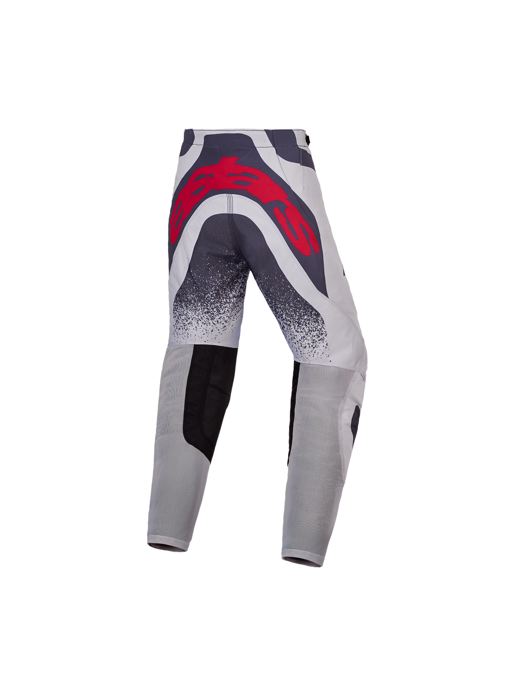 Alpinestars Jeugd Supertech Swan broek, premium motorcross-racebroek in grijs en rood met een groot logo op de achterzijde en geventileerde panelen.