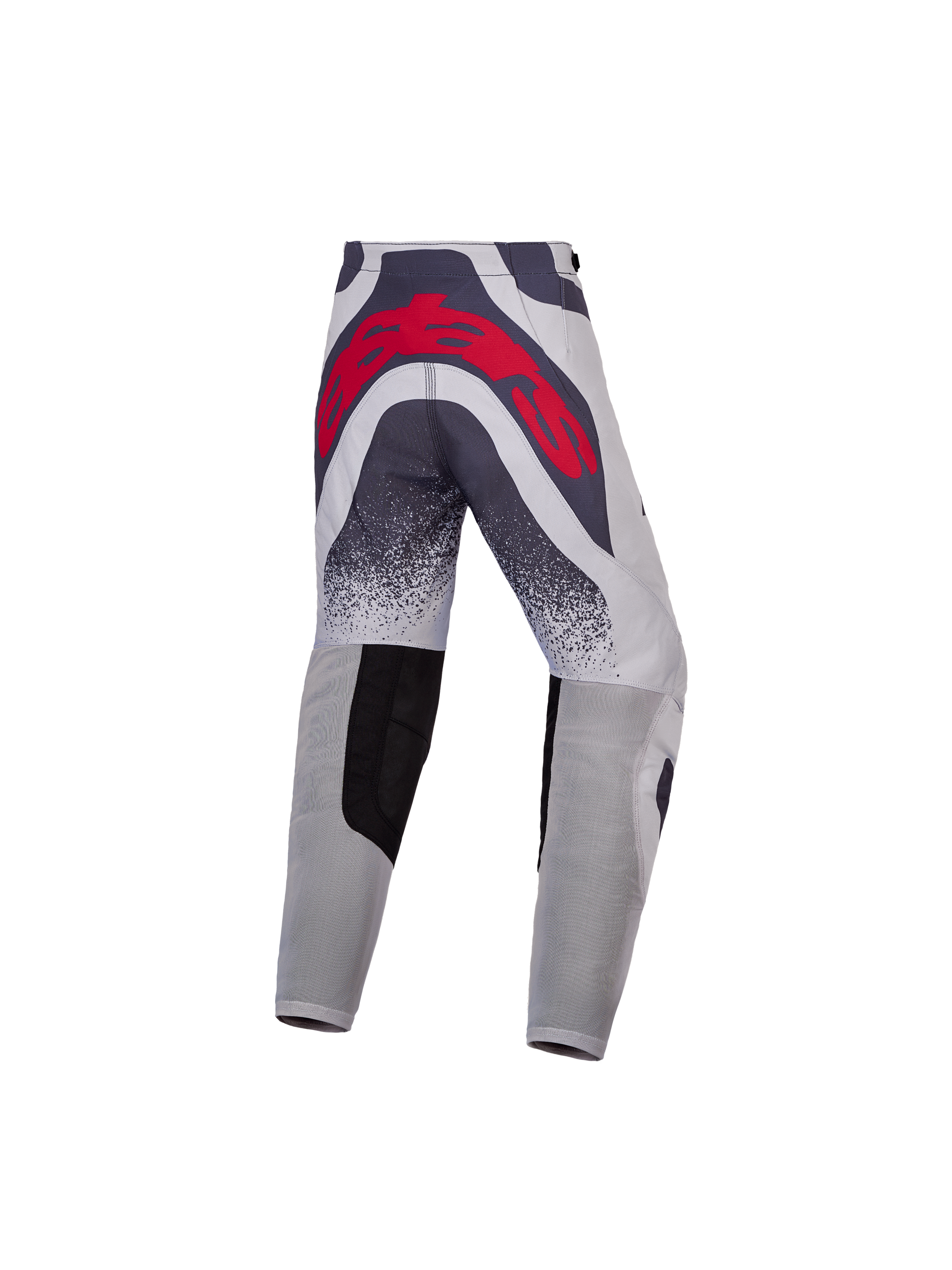 Alpinestars Jeugd Supertech Swan broek, premium motorcross-racebroek in grijs en rood met een groot logo op de achterzijde en geventileerde panelen.