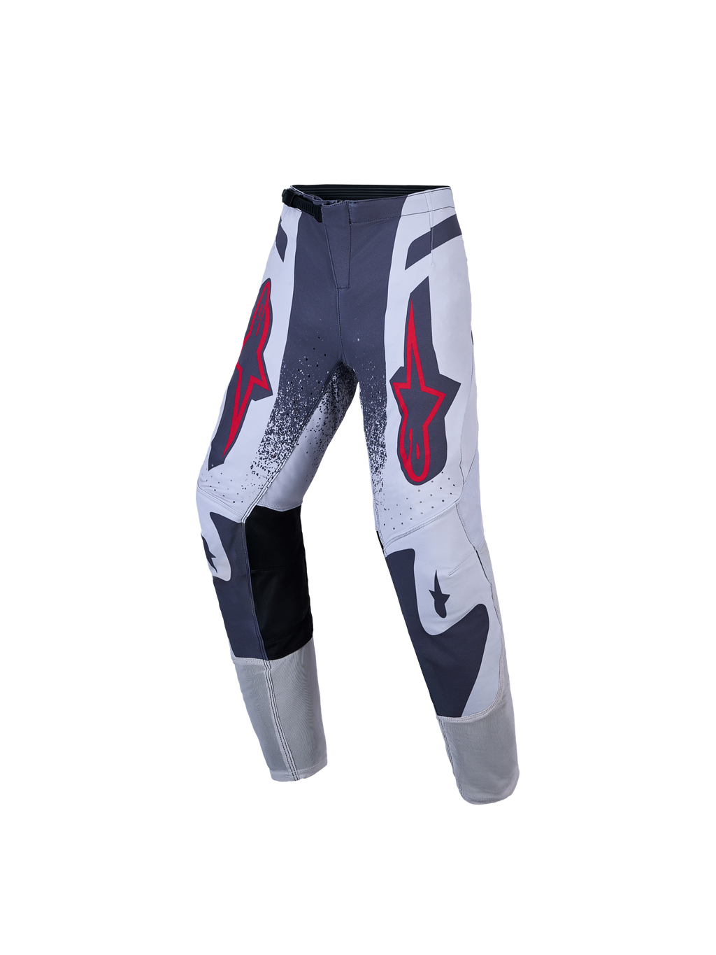 Alpinestars Jeugd Supertech Swan motocrossbroek, grijs en wit met rode sterlogo's, atletische stretch-ripstop.
