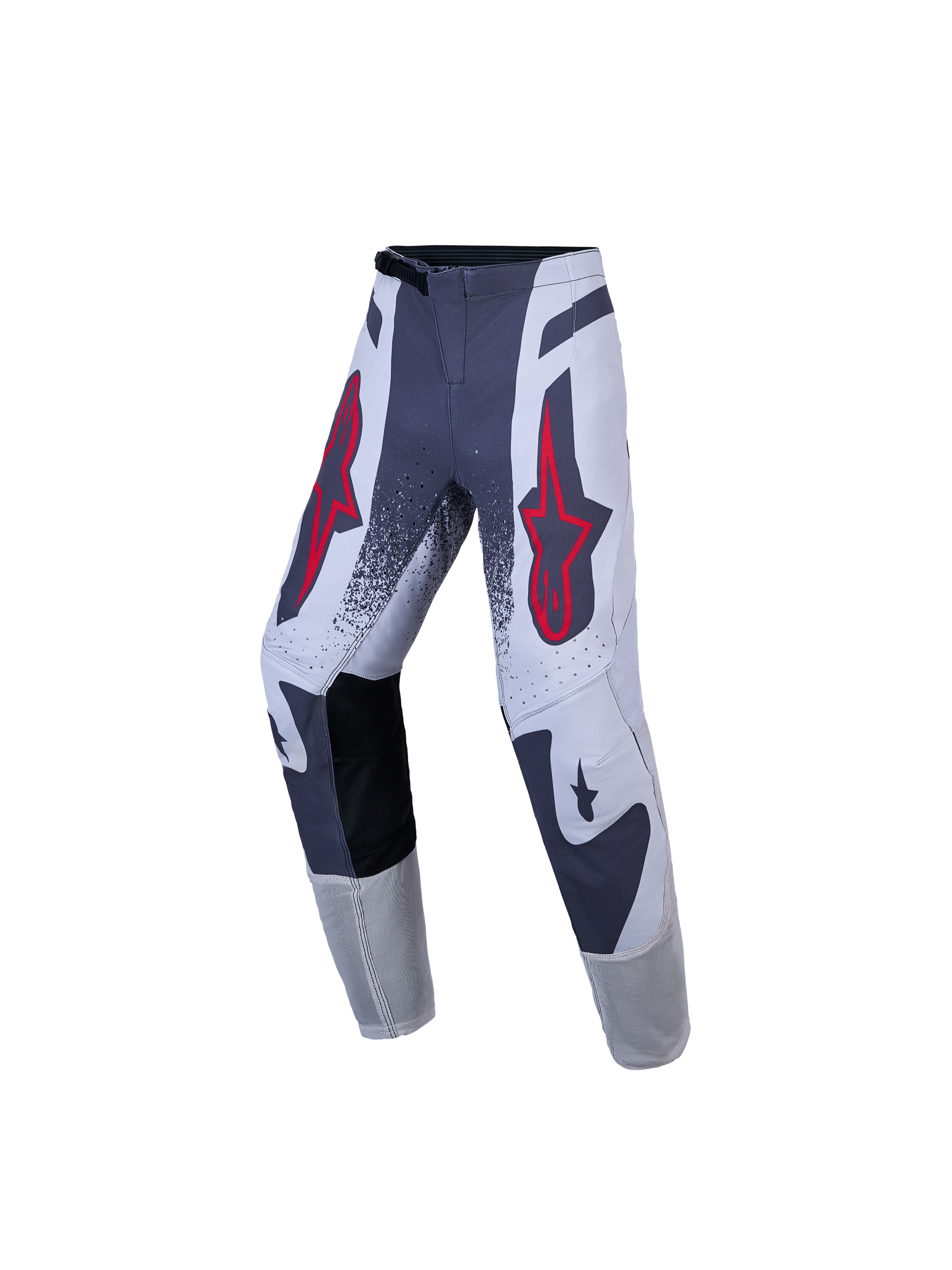 Alpinestars Jeugd Supertech Swan motocrossbroek, grijs en wit met rode sterlogo's, atletische stretch-ripstop.