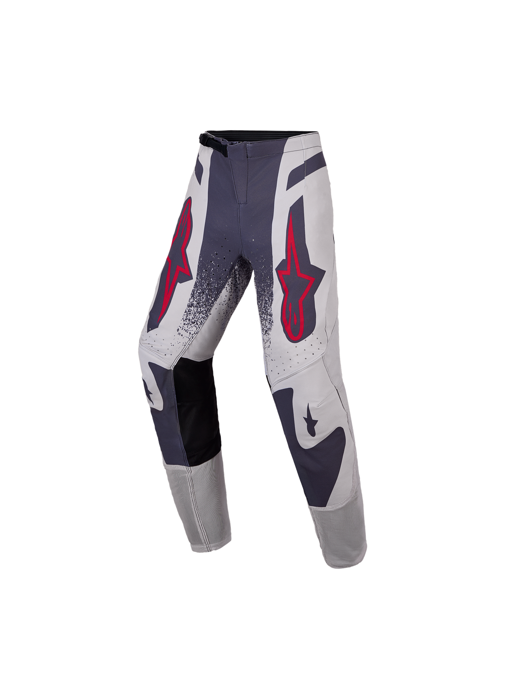 Alpinestars Supertech Swan motocrossbroek voor de jeugd, grijs en rood, gemaakt van stretch rip-stop textiel.