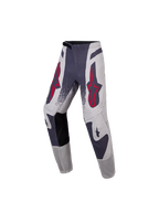 Alpinestars Supertech Swan motocrossbroek voor de jeugd, grijs en rood, gemaakt van stretch rip-stop textiel.