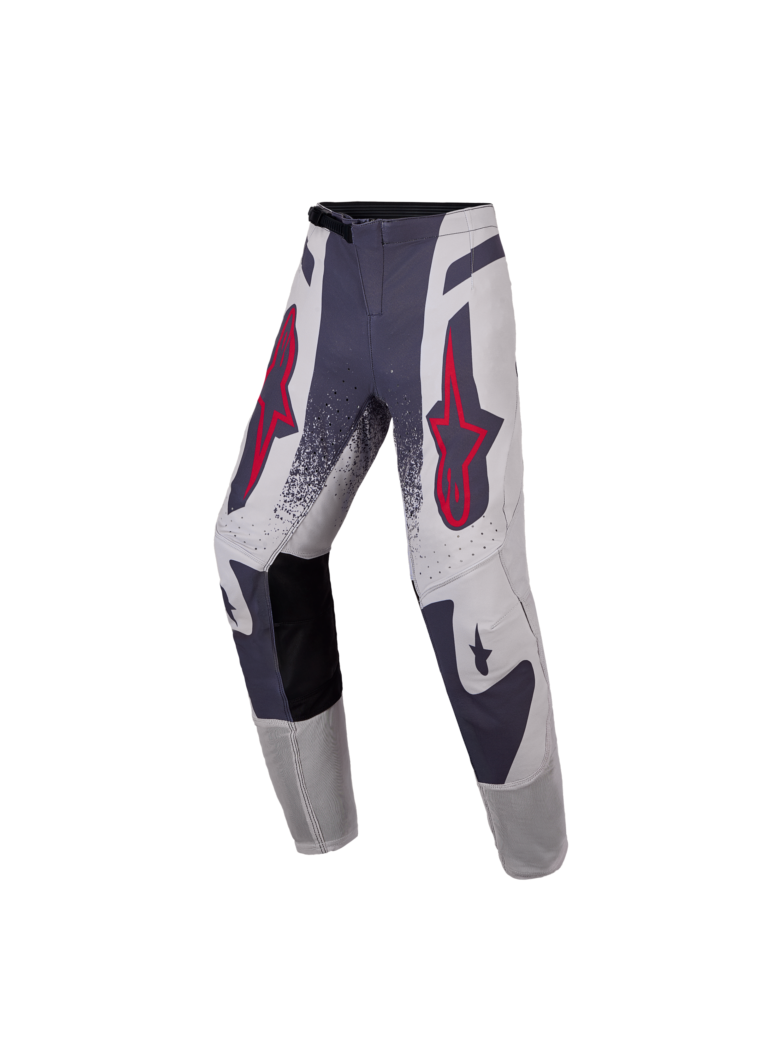 Alpinestars Supertech Swan motocrossbroek voor de jeugd, grijs en rood, gemaakt van stretch rip-stop textiel.