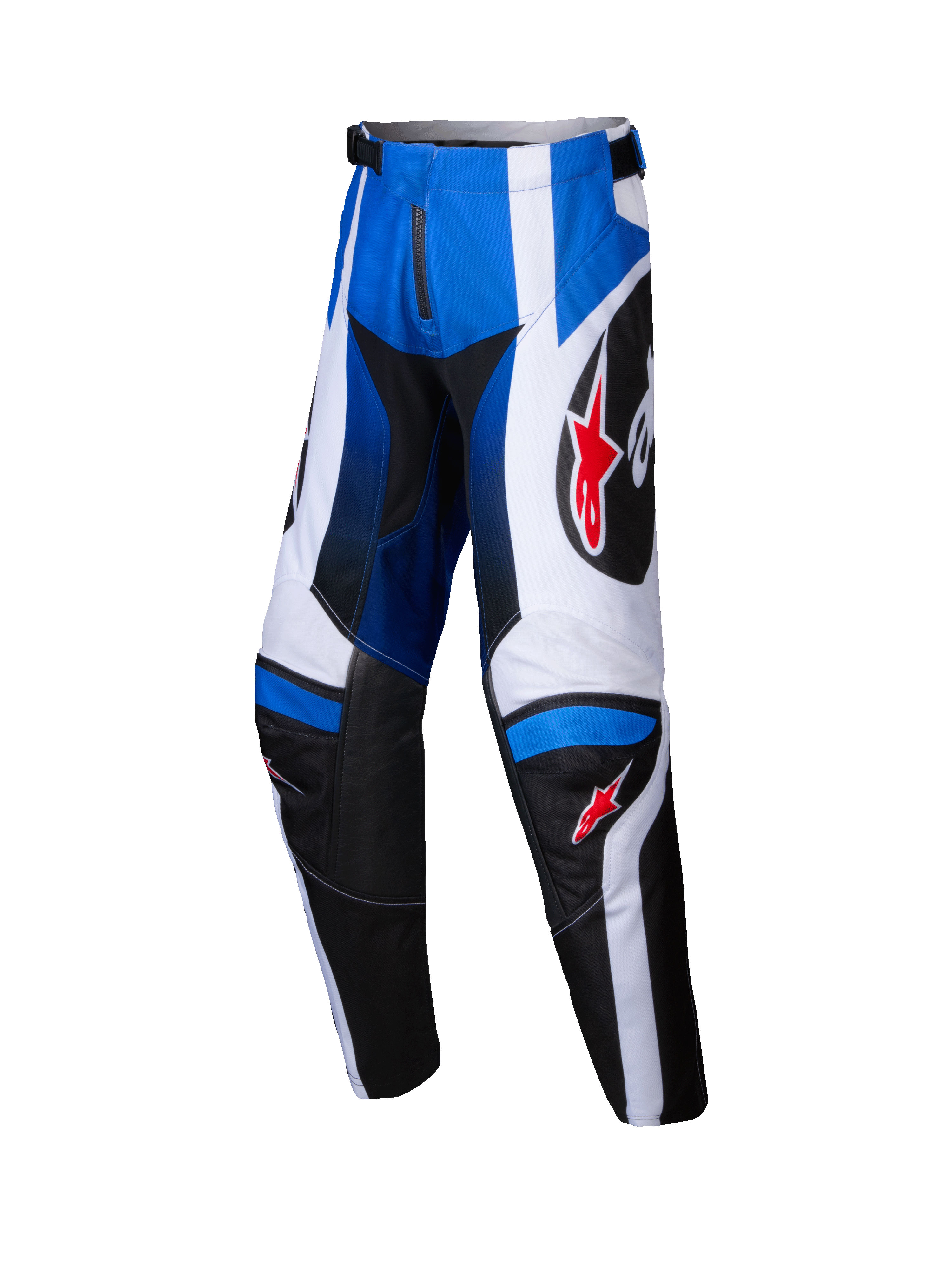 Alpinestars 2025 Youth Racer Wurx motorbroek, jeugd motorcrossbroek, blauw zwart en wit, rode sterlogo's, jeugd off-road race-uitrusting, sportief ontwerp met ritssluiting en verstelbare tailleband, duurzame stof