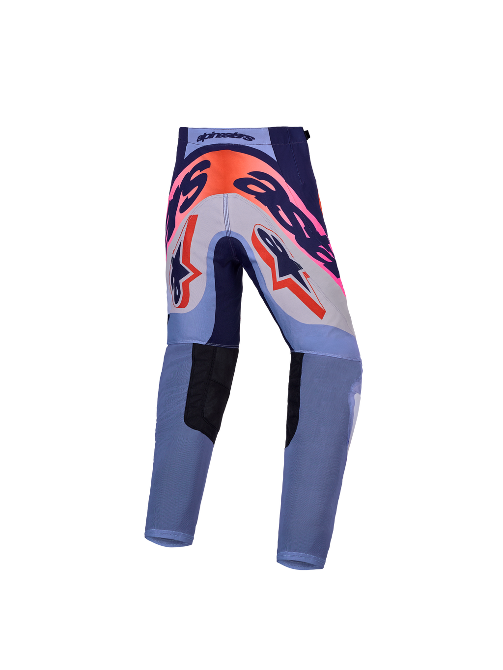 Alpinestars Jeugd Supertech Dyna broek, achteraanzicht van paarse en fluoroze motorcrossbroek met 600D-versterkt zitvlak.