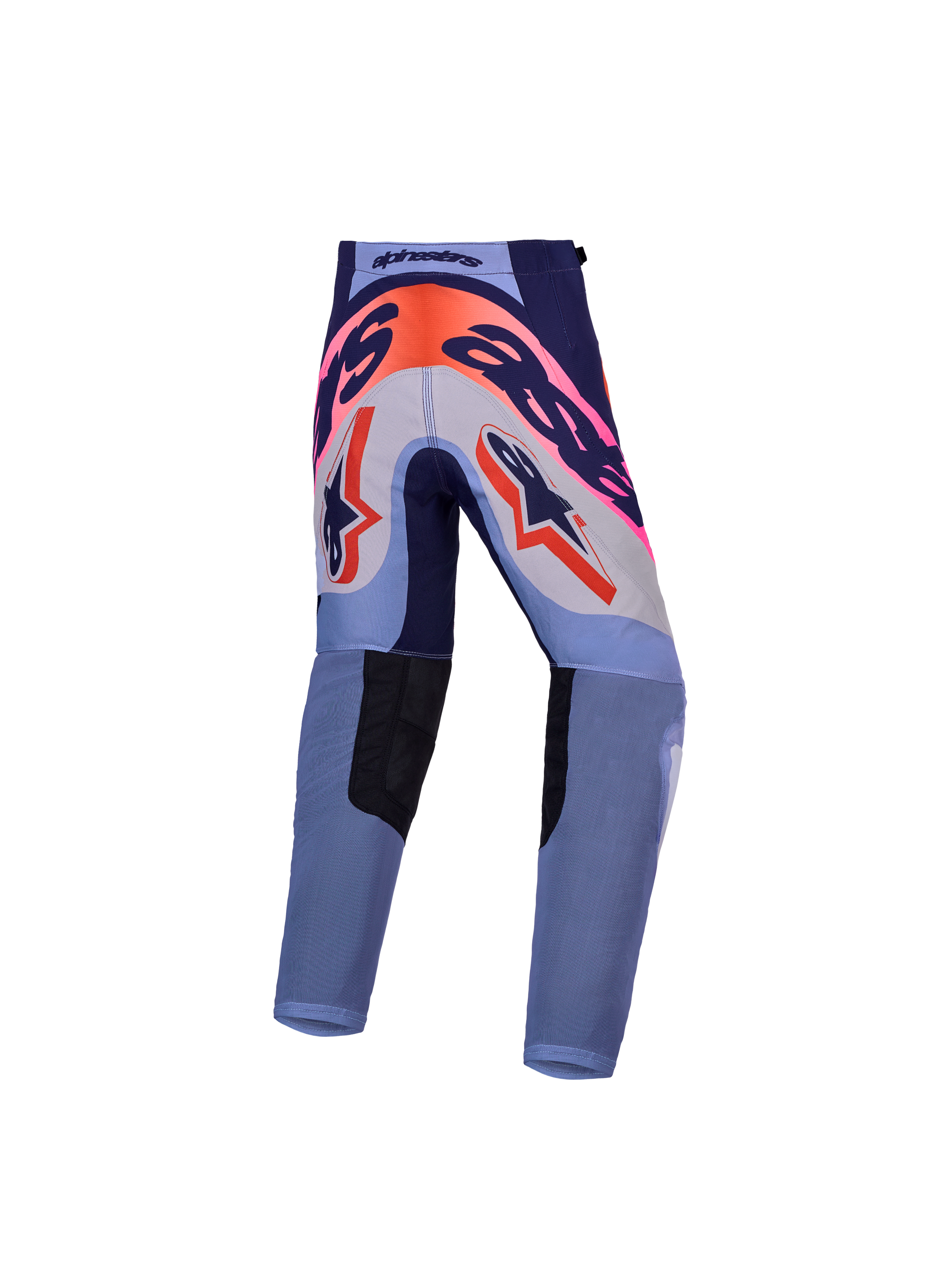 Alpinestars Jeugd Supertech Dyna broek, achteraanzicht van paarse en fluoroze motorcrossbroek met 600D-versterkt zitvlak.