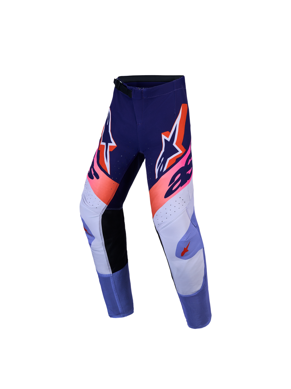 Alpinestars Youth Supertech Dyna Pants, Purple and Pink Fluo motocross racing pants with high-durability stretch rip-stop fabric.