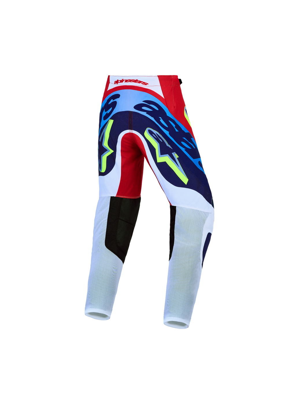 Alpinestars Jeugd Supertech Dyna Broek, motocrossbroek in rood, wit en navy blauw met 4-way stretch ripstoptextiel.