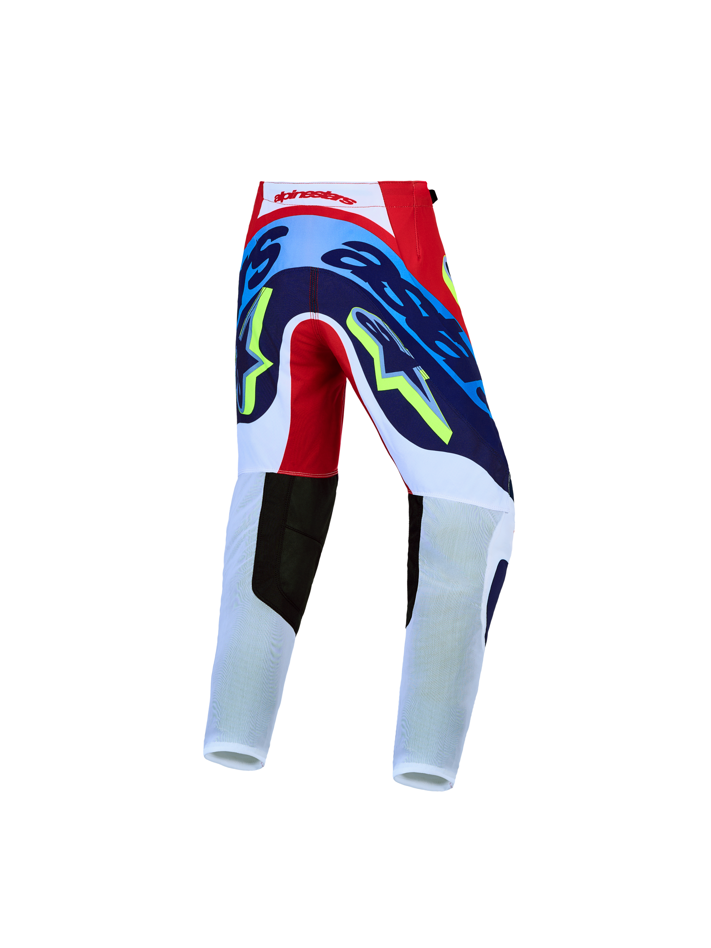 Alpinestars Jeugd Supertech Dyna Broek, motocrossbroek in rood, wit en navy blauw met 4-way stretch ripstoptextiel.