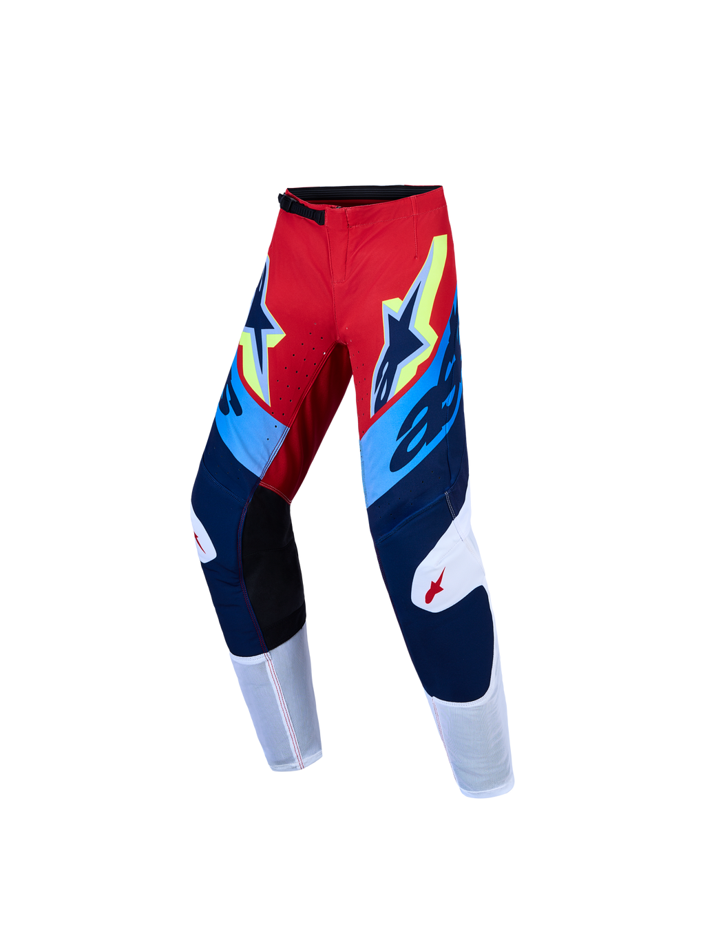 Alpinestars 2027 Youth Supertech Dyna Pants AND Gear Set, Fire Red and Navy Blue motocross pants with stretch ripstop.