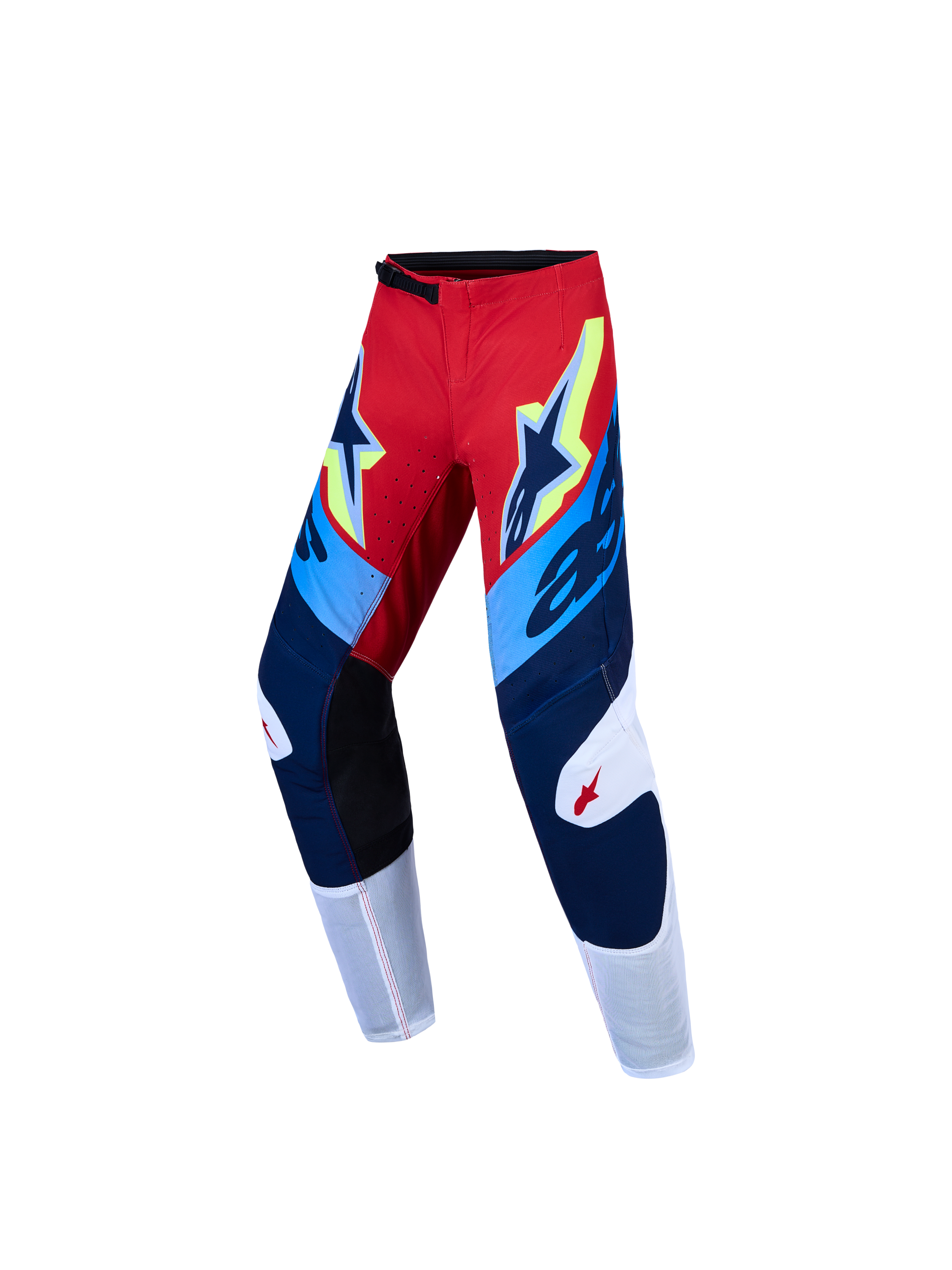 Alpinestars 2027 Youth Supertech Dyna Pants AND Gear Set, Fire Red and Navy Blue motocross pants with stretch ripstop.