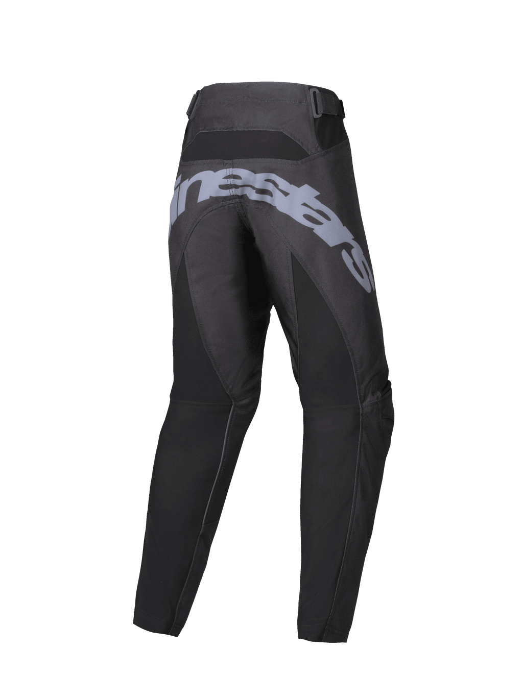 Alpinestars 2025 Youth Racer Graphite broek, motorcross broek, zwart en grijs, achteraanzicht met groot grijs logo op het zitvlak, voorgevormde ergonomische constructie en verstelbare taillebanden voor off-road rijden