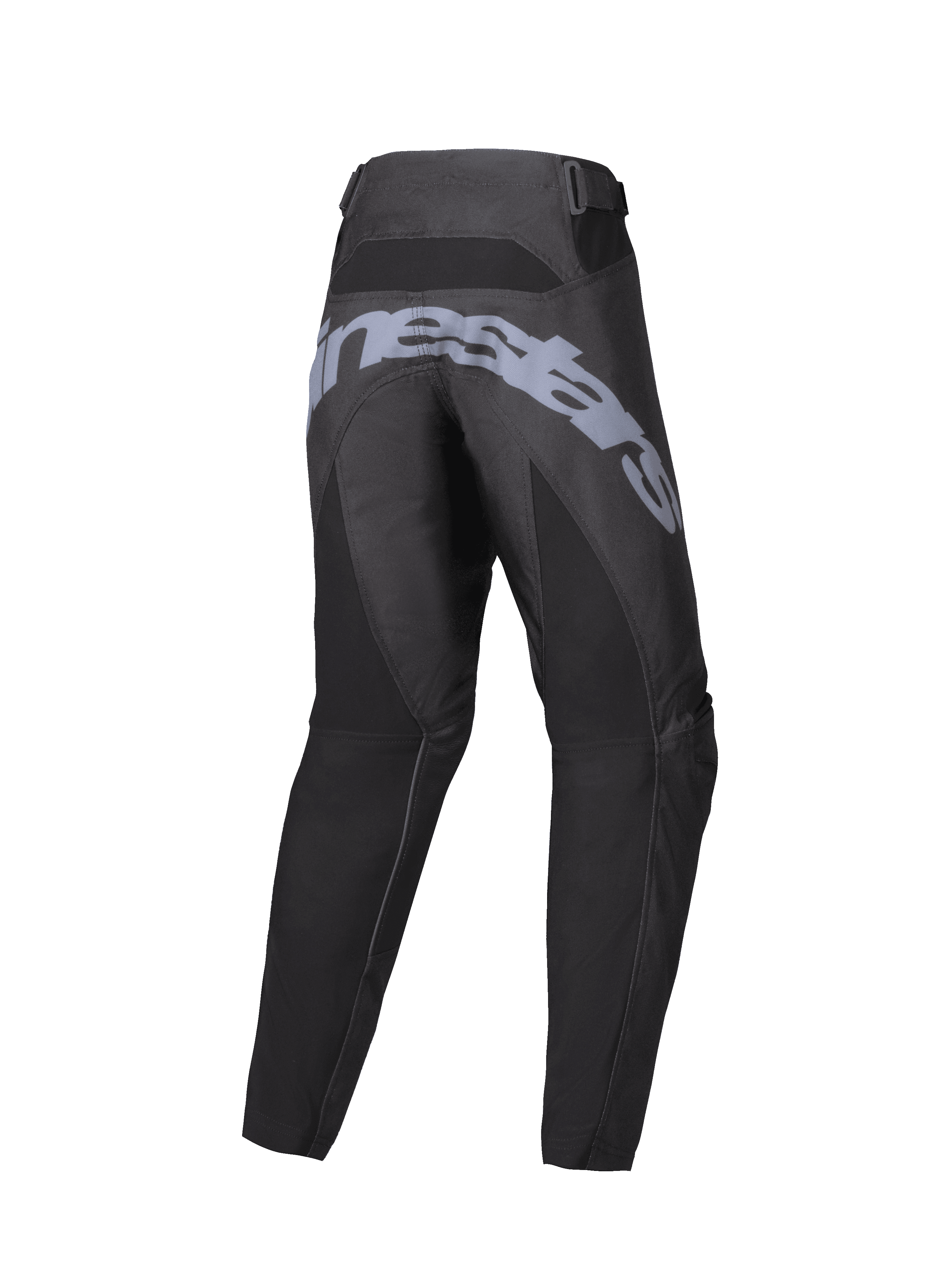 Alpinestars 2025 Youth Racer Graphite broek, motorcross broek, zwart en grijs, achteraanzicht met groot grijs logo op het zitvlak, voorgevormde ergonomische constructie en verstelbare taillebanden voor off-road rijden