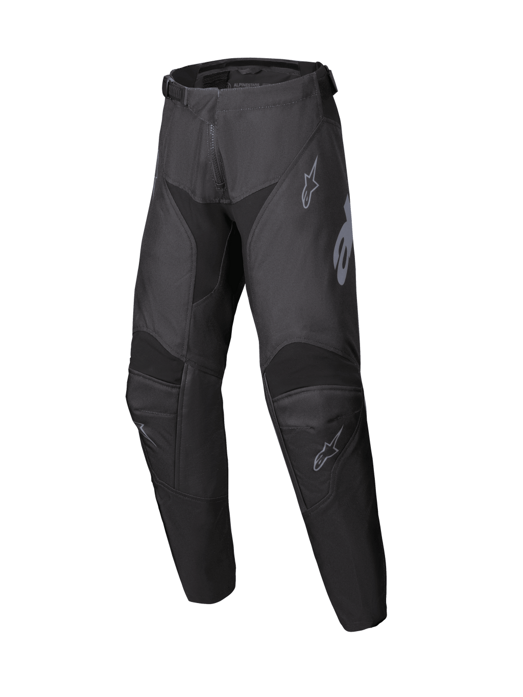 Alpinestars 2025 Youth Racer Graphite broek, motorcrossbroek in zwart en grijs, off-road kleding voor de jeugd met versterkte knieën en subtiele grijze logo's, duurzaam ergonomisch ontwerp
