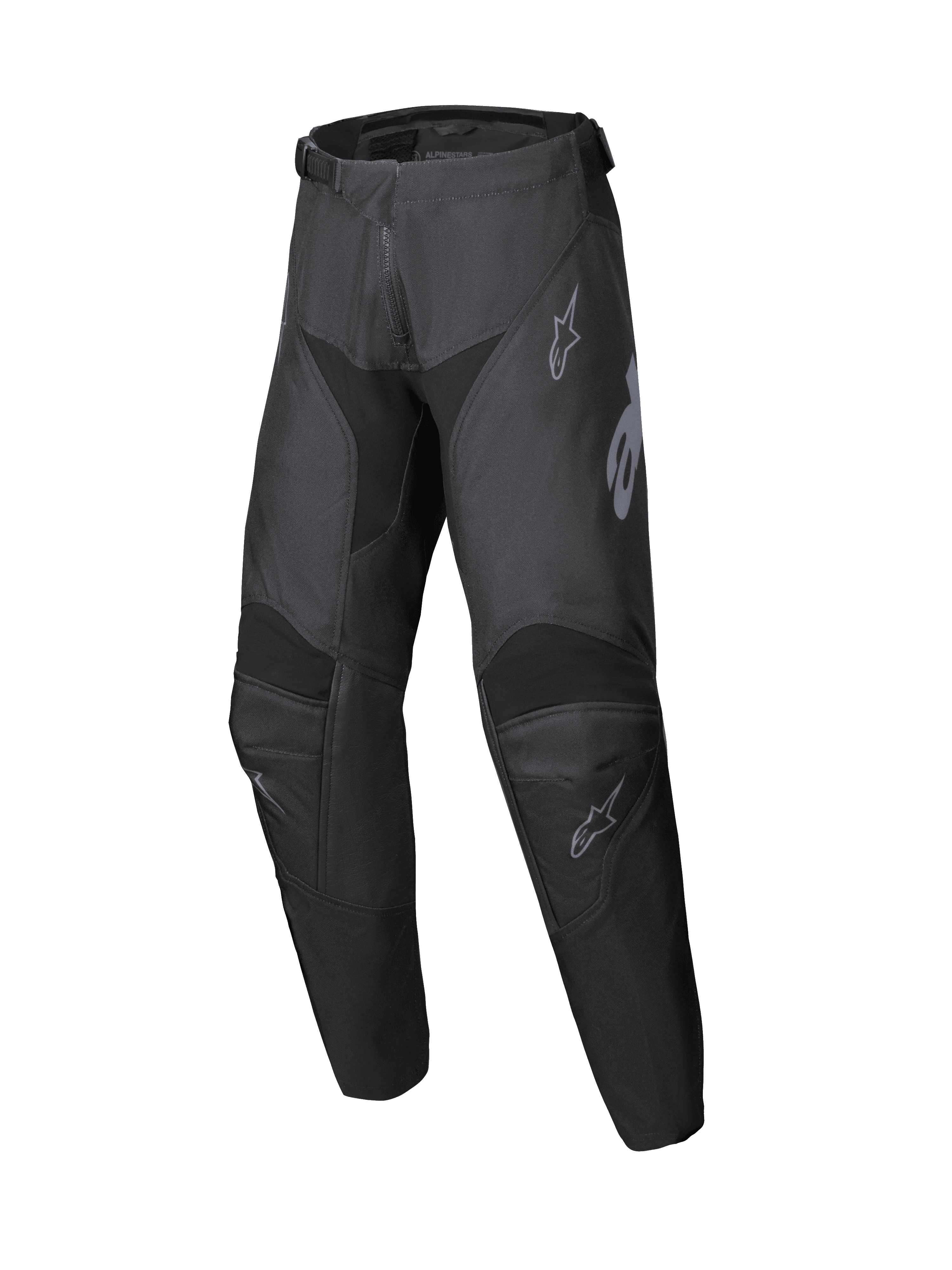 Alpinestars 2025 Youth Racer Graphite broek, motorcrossbroek in zwart en grijs, off-road kleding voor de jeugd met versterkte knieën en subtiele grijze logo's, duurzaam ergonomisch ontwerp