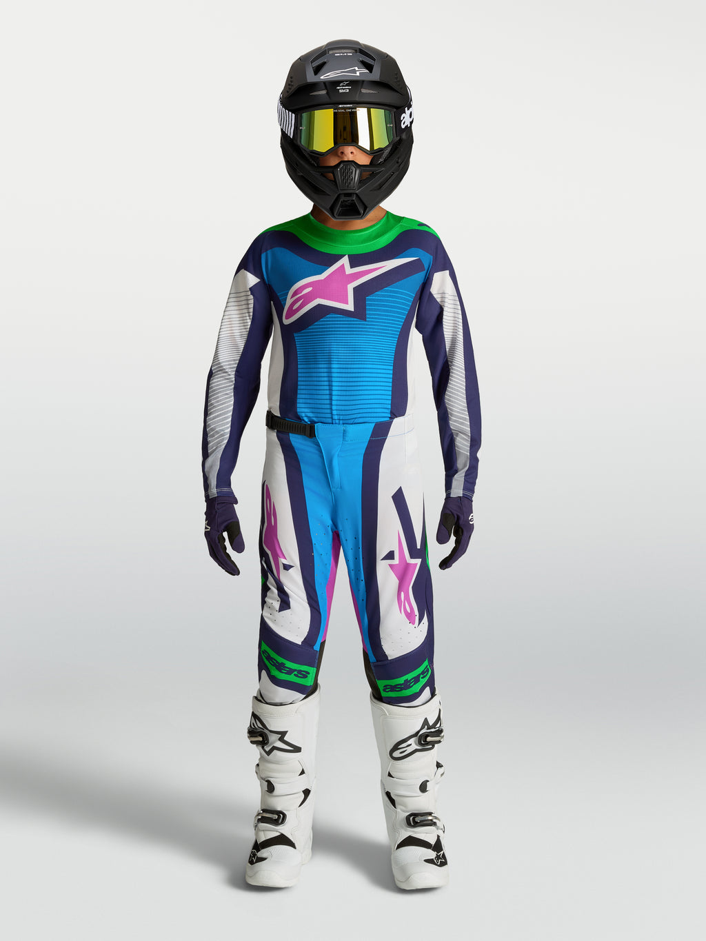 Alpinestars jeugd Supertech Maven broek en jersey, blauw en wit met fluorescerend groen, atletische pasvorm voor motocross.