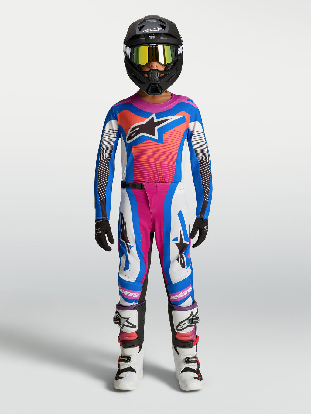 Alpinestars Jeugd Supertech Maven broek, motorcrossbroek voor jonge rijders, wit, roze en blauw, atletische pasvorm.