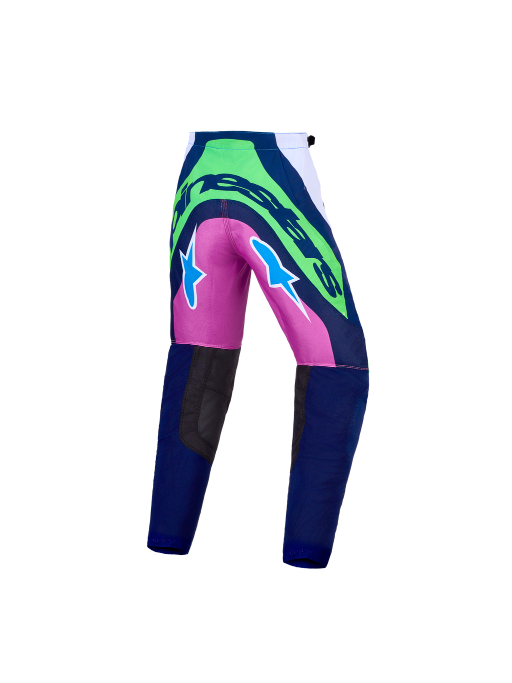 Alpinestars Jeugd Supertech Maven broek, blauwe en groene motorcrossbroek met roze, rip-stop stof, atletische pasvorm.