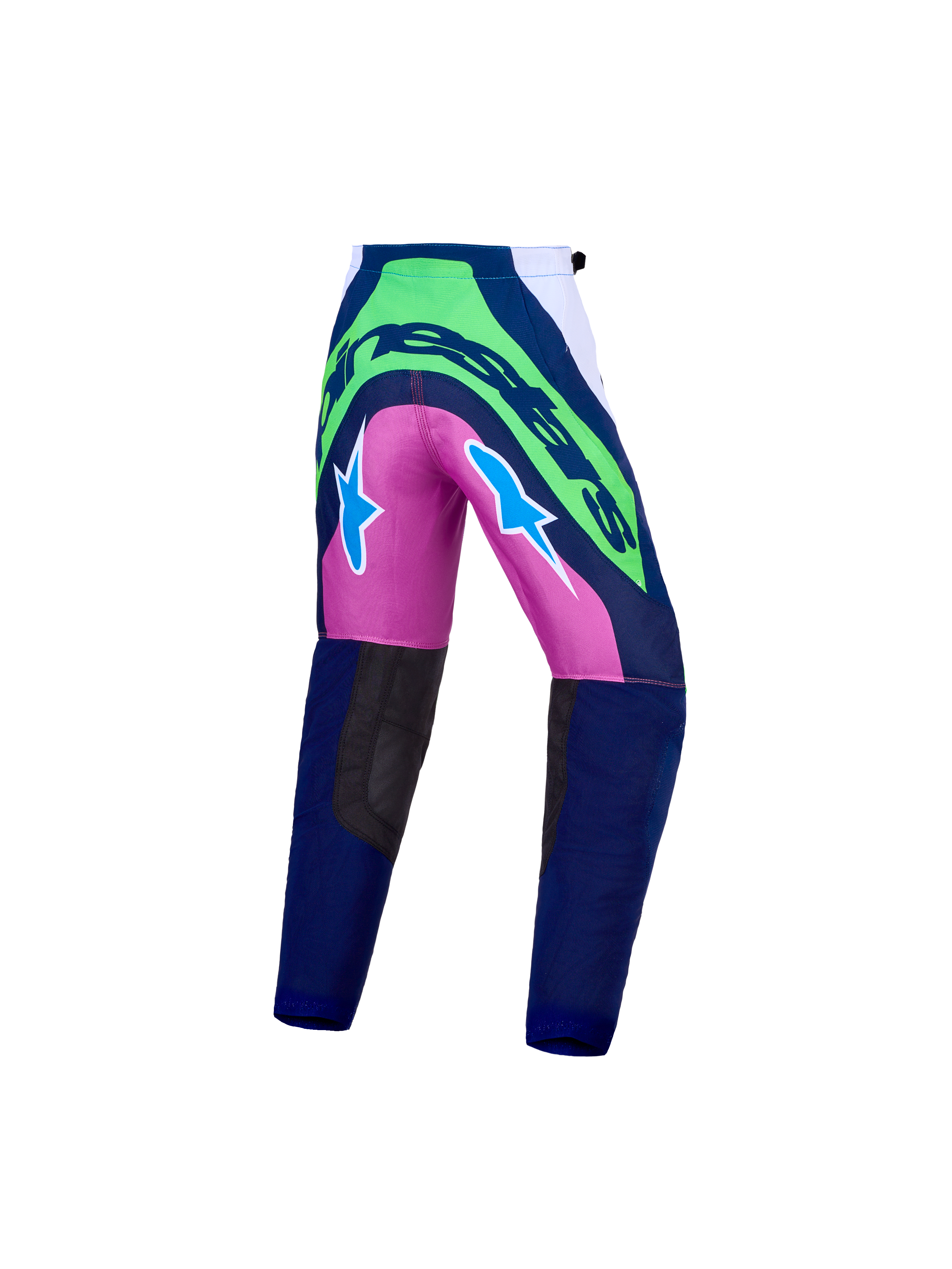 Alpinestars Jeugd Supertech Maven broek, blauwe en groene motorcrossbroek met roze, rip-stop stof, atletische pasvorm.