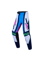 Alpinestars Youth Supertech Maven Motocross Pants, blue and white performance gear with pink accents and ratchet closure.