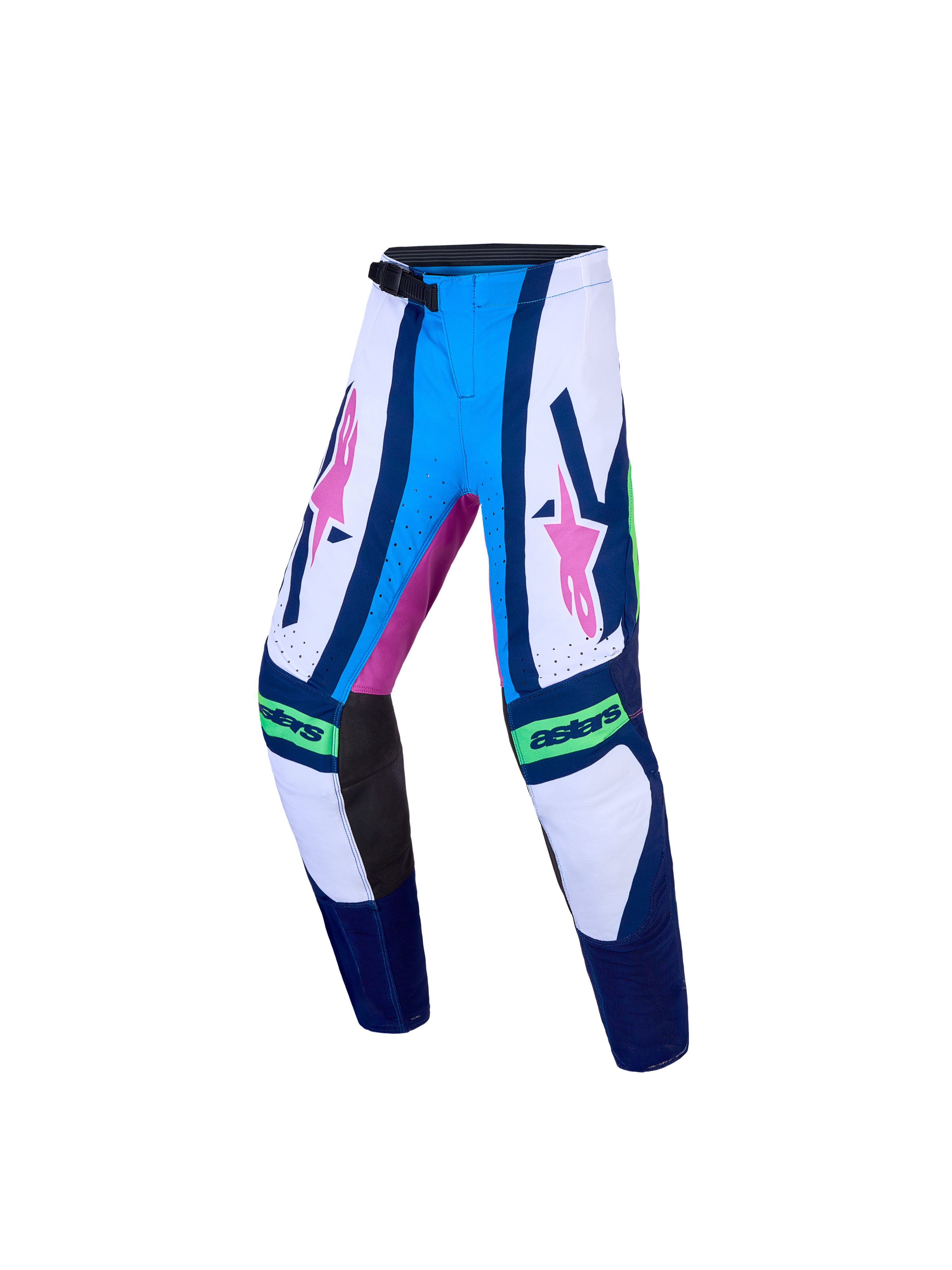 Alpinestars Jeugd Supertech Maven broek, motorcross-racebroek voor kinderen, blauw en wit met roze graphics en atletische pasvorm.