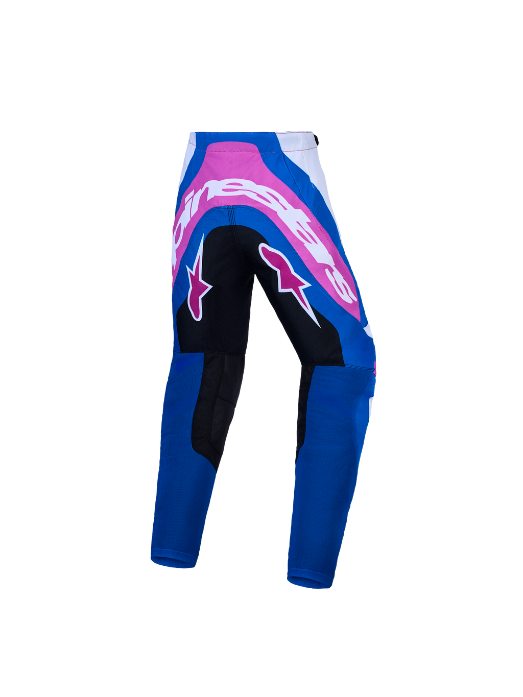 Alpinestars Youth Supertech Maven Pants, blue and pink motocross racing gear with durable reinforced seat.