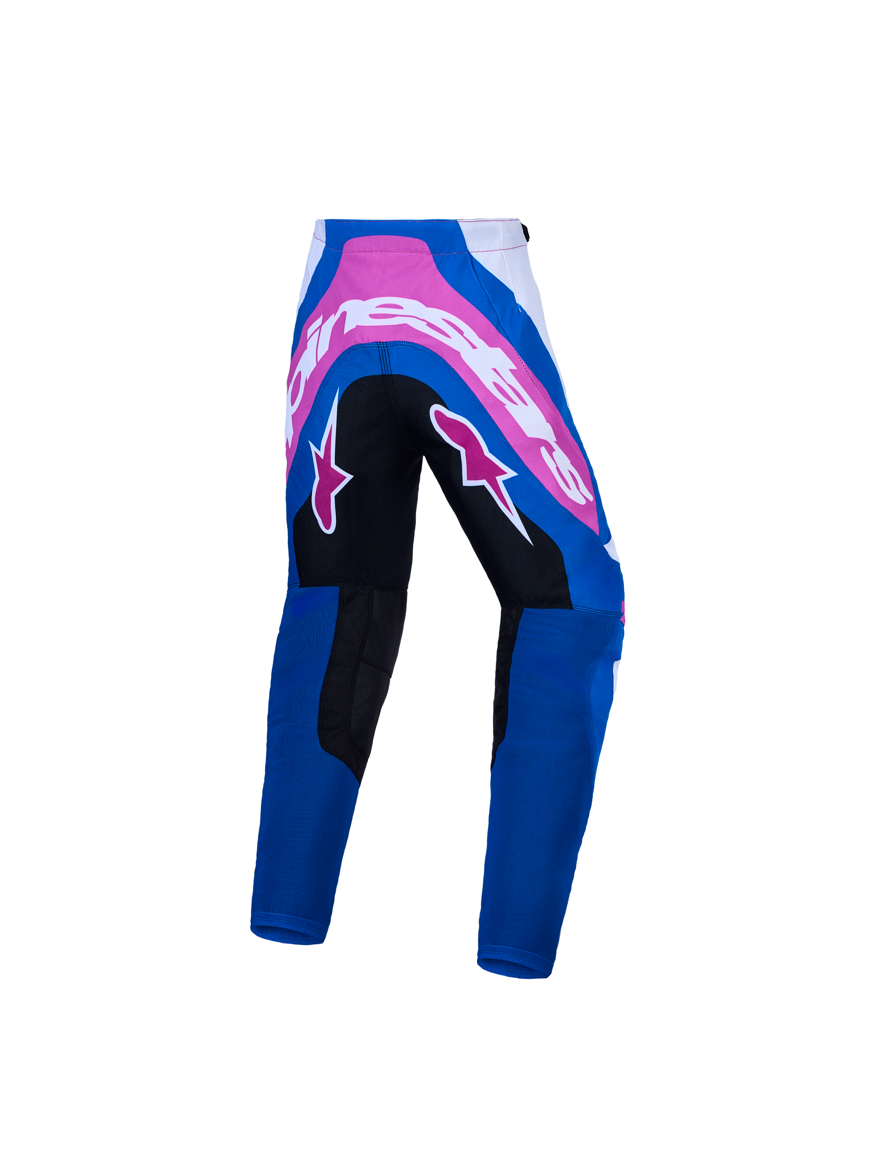 Alpinestars Youth Supertech Maven Pants, blue and pink motocross racing gear with durable reinforced seat.
