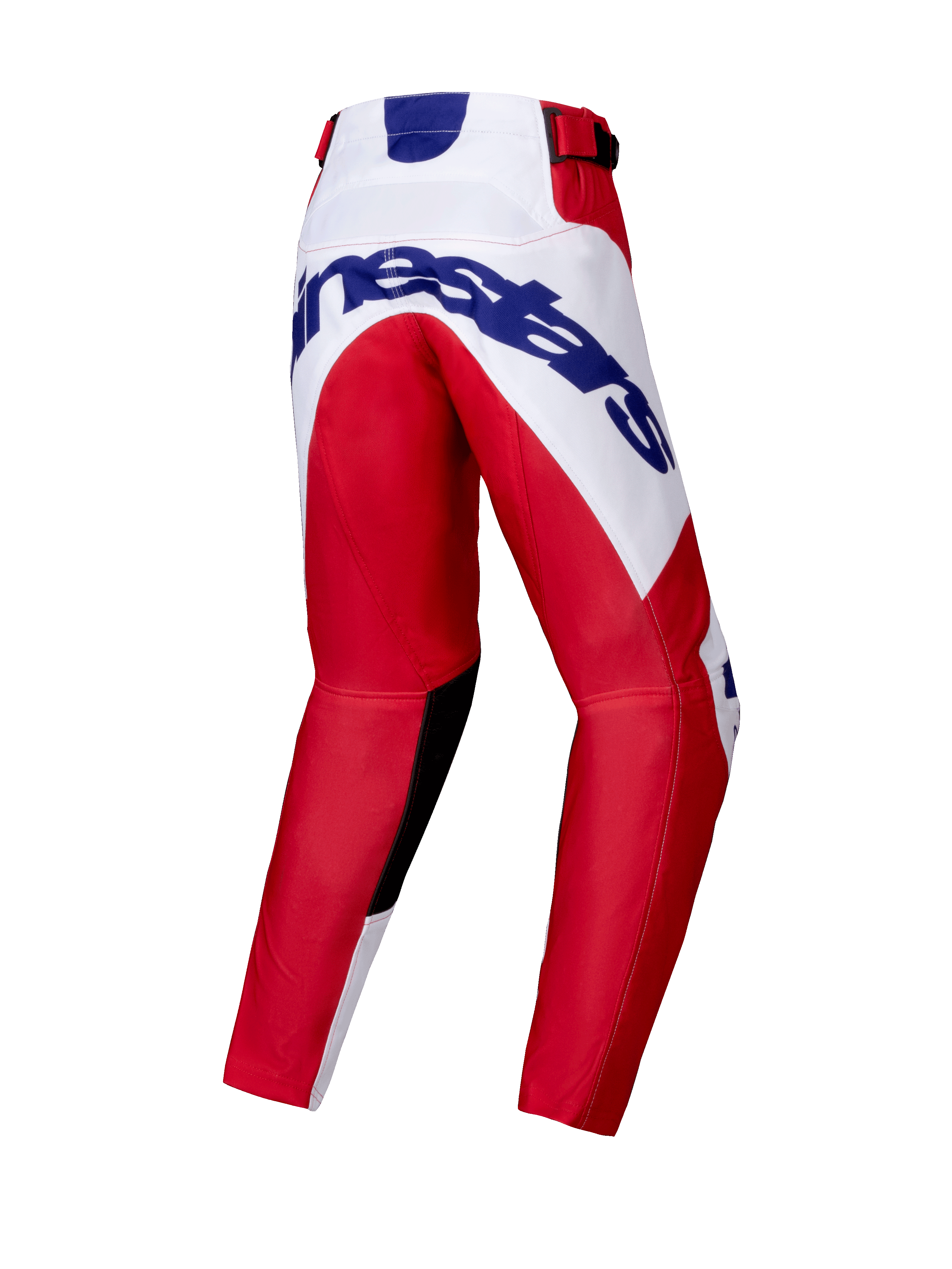 Alpinestars 2025 Youth Racer Veil broek, jeugd motorcross broek, felrood en wit, achteraanzicht met een groot blauw Alpinestars-logo op het zitvlak, voorgevormd beenontwerp, zwarte panelen aan de binnenkant van de knieën en een ratelsluiting in de taille.