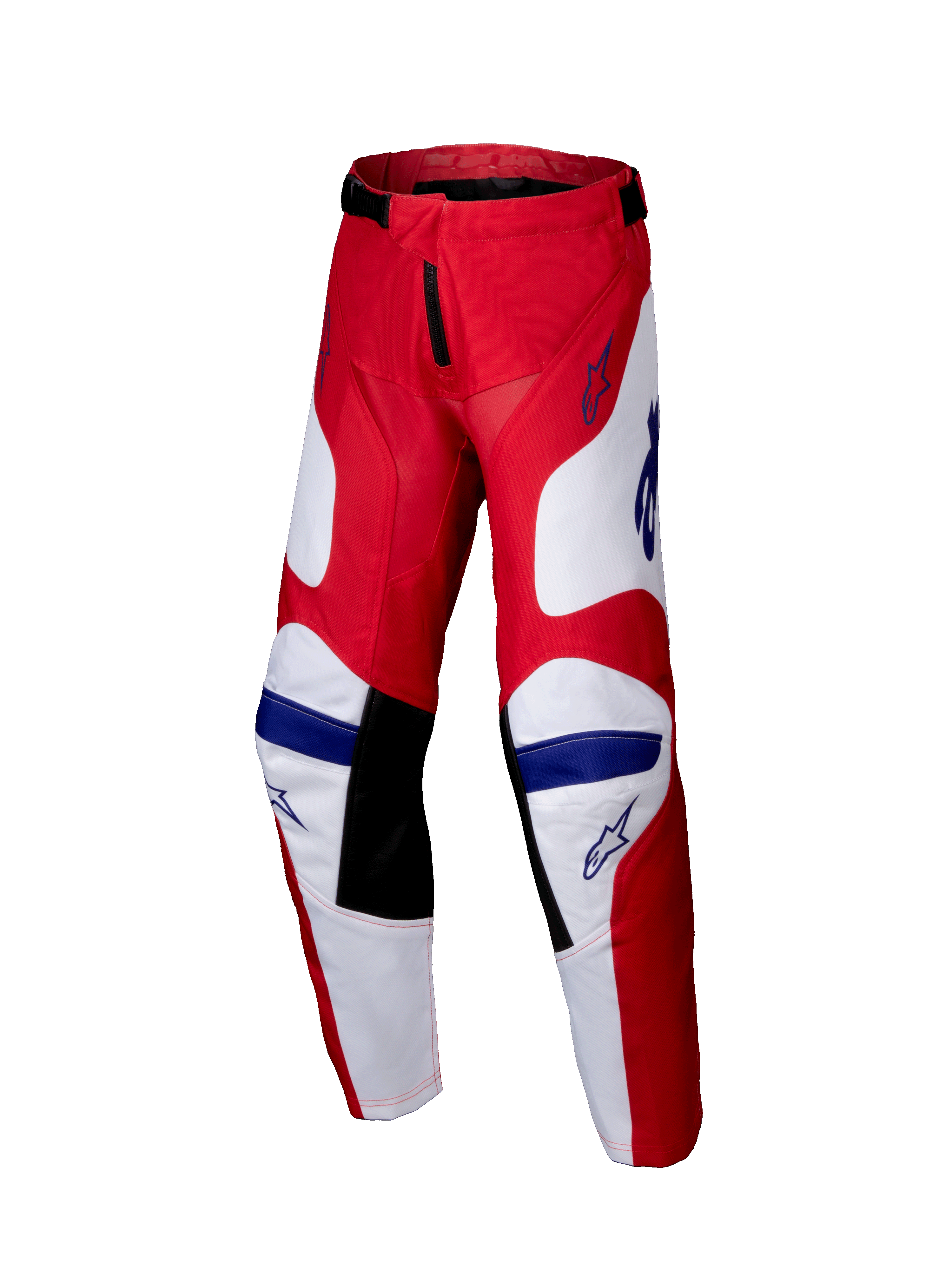 Alpinestars 2025 Youth Racer Veil Pants, motorcrossbroek, felrood en wit met blauwe accenten, zwarte panelen aan de binnenzijde van de knie, ergonomisch voorgevormd ontwerp en duurzaam polyfabric voor off-road racing