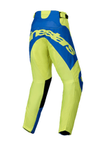 Alpinestars 2025 Youth Racer Veil broek, motorcrossbroek, fluogeel en blauw, achteraanzicht met een groot blauw Alpinestars-logo op het zitvlak, zwarte accenten aan de binnenkant van de benen, duurzaam en ergonomisch ontwerp voor off-road rijden