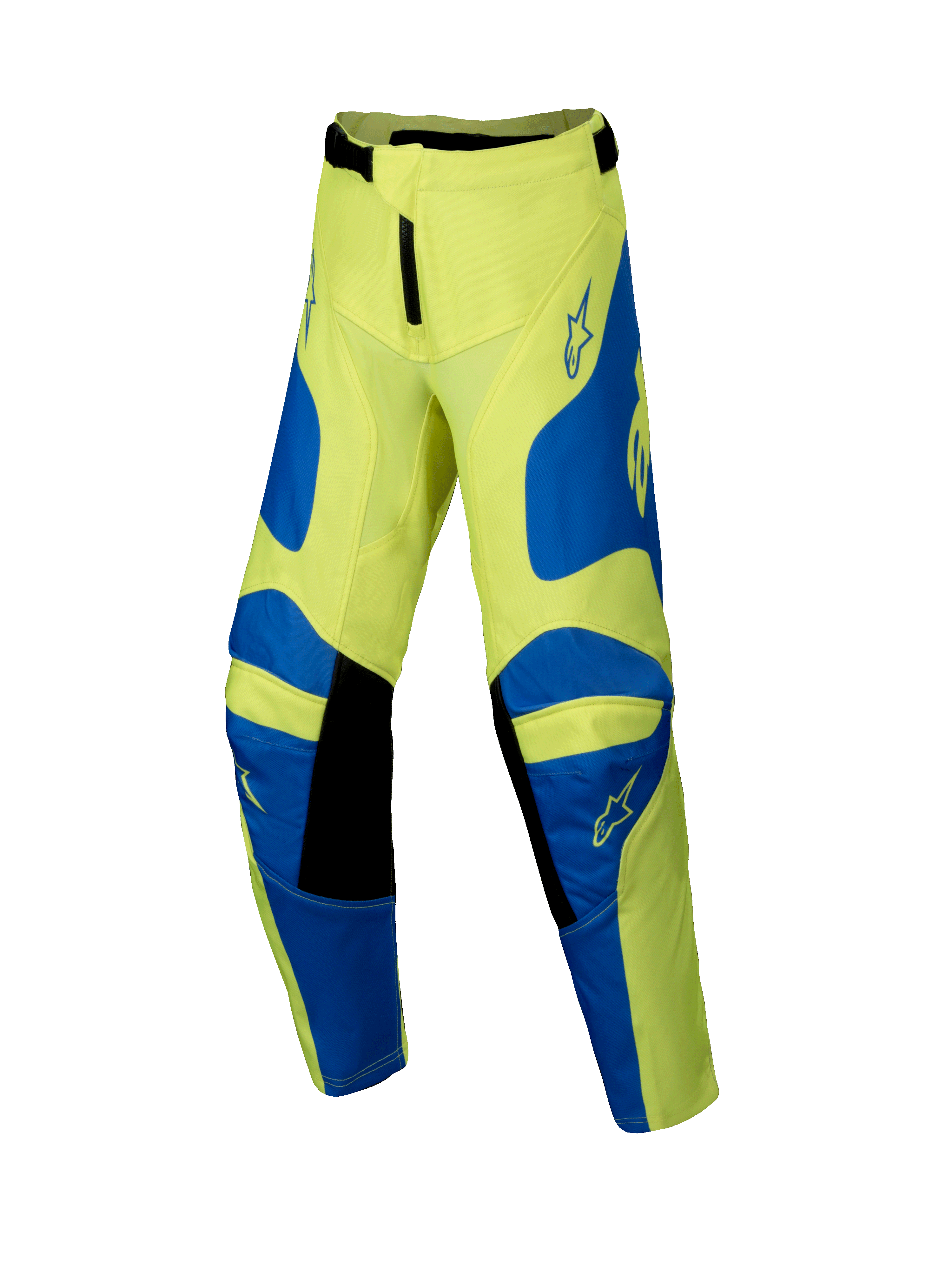 Alpinestars 2025 Youth Racer Veil motorcrossbroek, fluogeel en blauw met zwarte details, jeugd off-road kleding, voorzien van stervormige logo's op dijen en knieën, ergonomisch voorgevormd ontwerp voor off-road racing