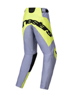 Alpinestars 2025 Youth Racer Veil Pants, motorcrossbroek, grijs en geel fluo, achteraanzicht met opvallend zwart Alpinestars-logo op een neongeel zitpaneel, voorgevormde beenconstructie voor motorcross.