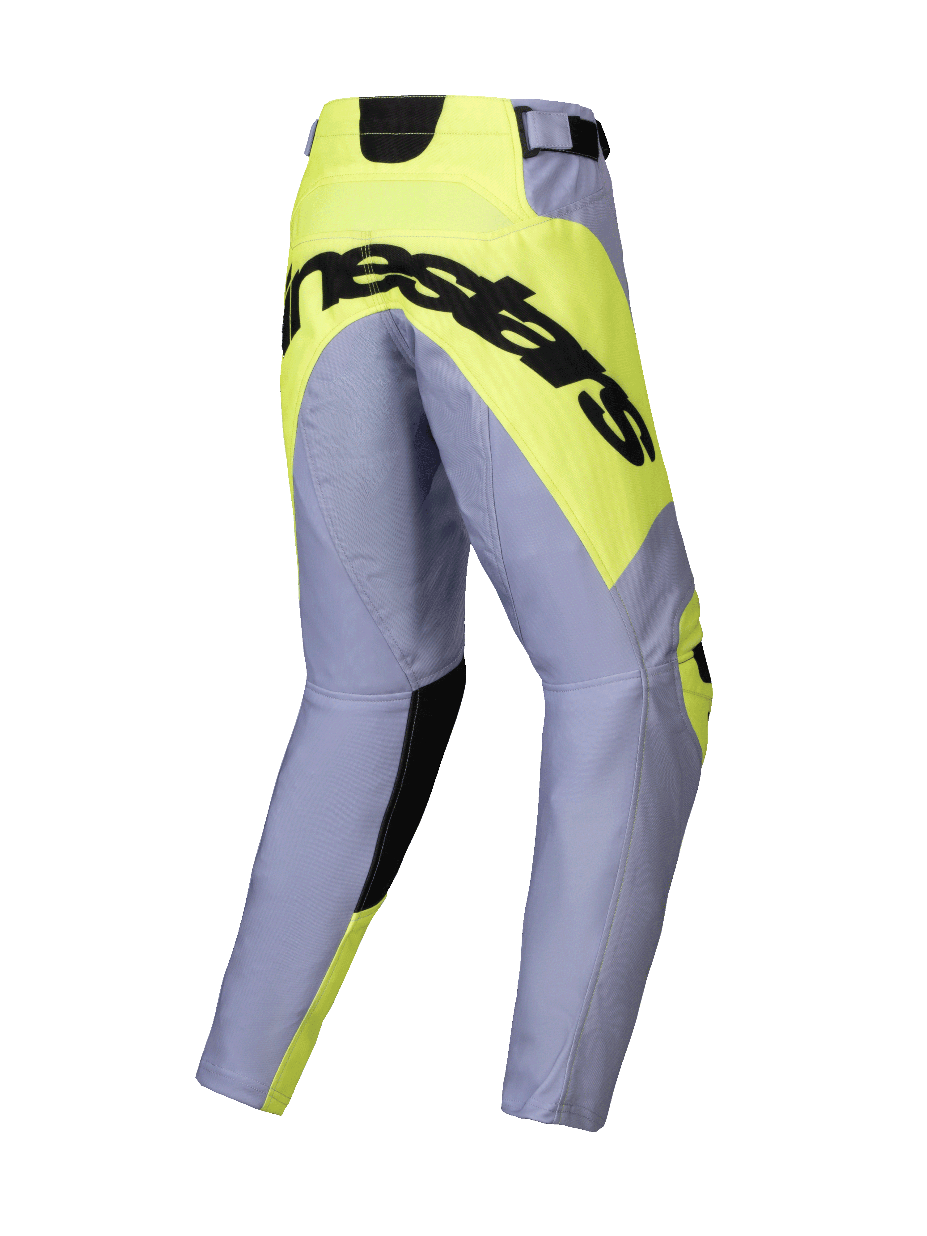 Alpinestars 2025 Youth Racer Veil Pants, motorcrossbroek, grijs en geel fluo, achteraanzicht met opvallend zwart Alpinestars-logo op een neongeel zitpaneel, voorgevormde beenconstructie voor motorcross.