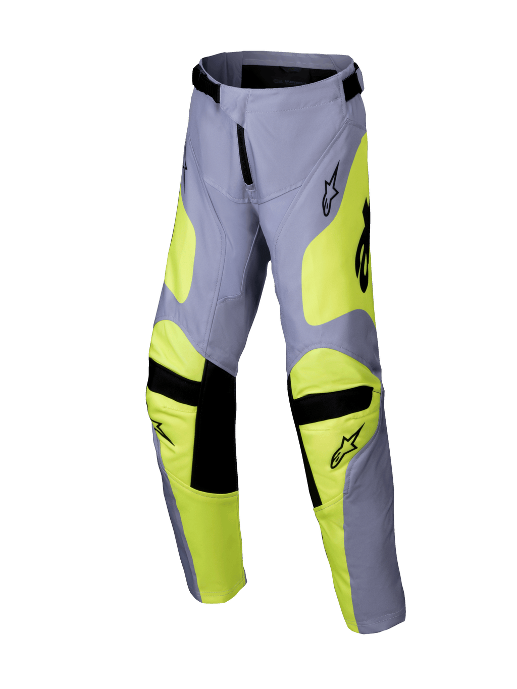Alpinestars 2025 Youth Racer Veil crossbroek, motorcrossbroek, grijs en neon geel, zwarte accenten op de knieën en taille, sportief design met voorgevormde pijpen en logo's, duurzame off-road race-uitrusting